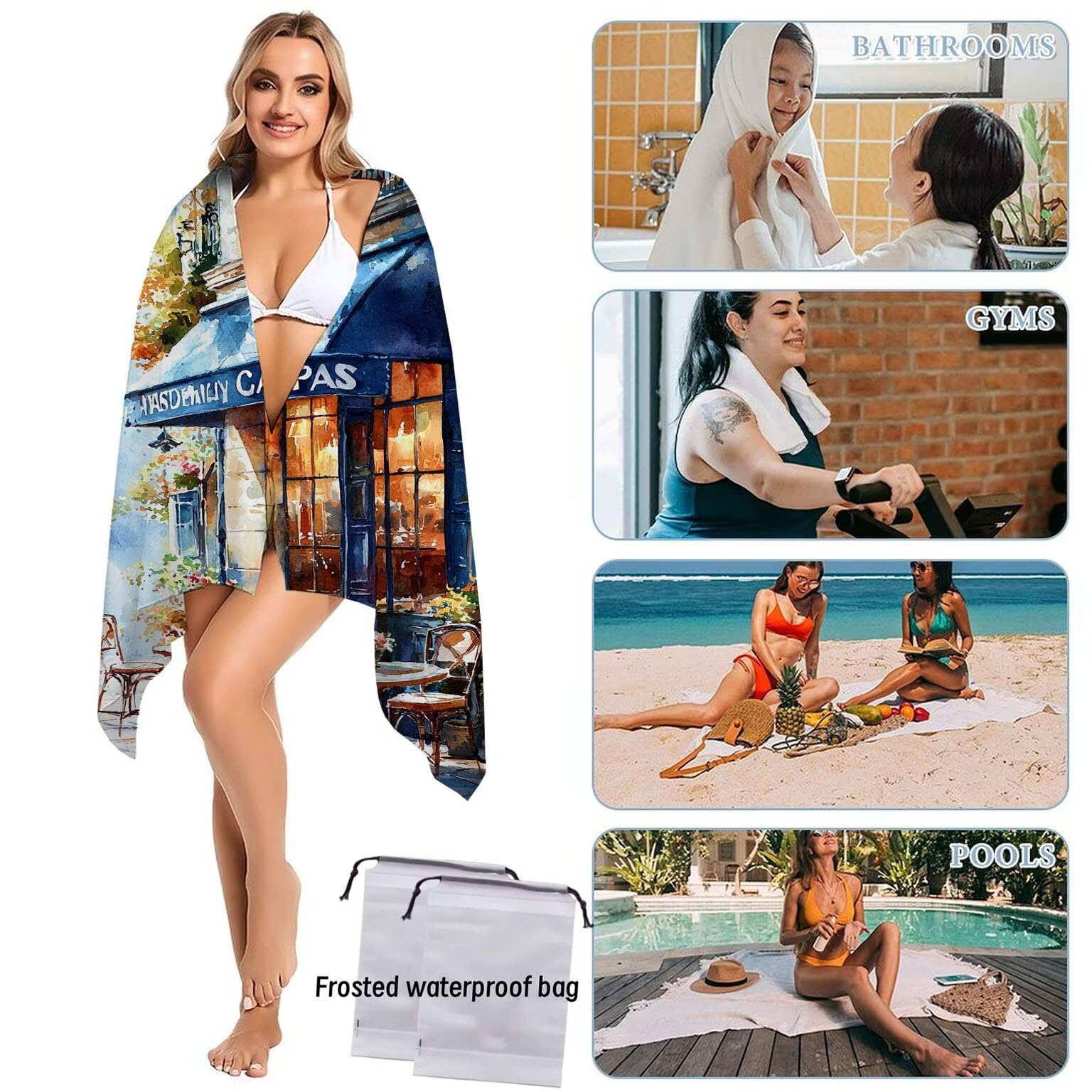 Strandtuch XXL 2er Set 80 x 160 cm, Groß Schnelltrocknendes Mikrofaser Handtuch, Sandfrei Badetuch, Summer Must Haves, für Damen Herren Reise Urlaub Schwimmen Sauna, mit Tasche (Cafés) B-546
