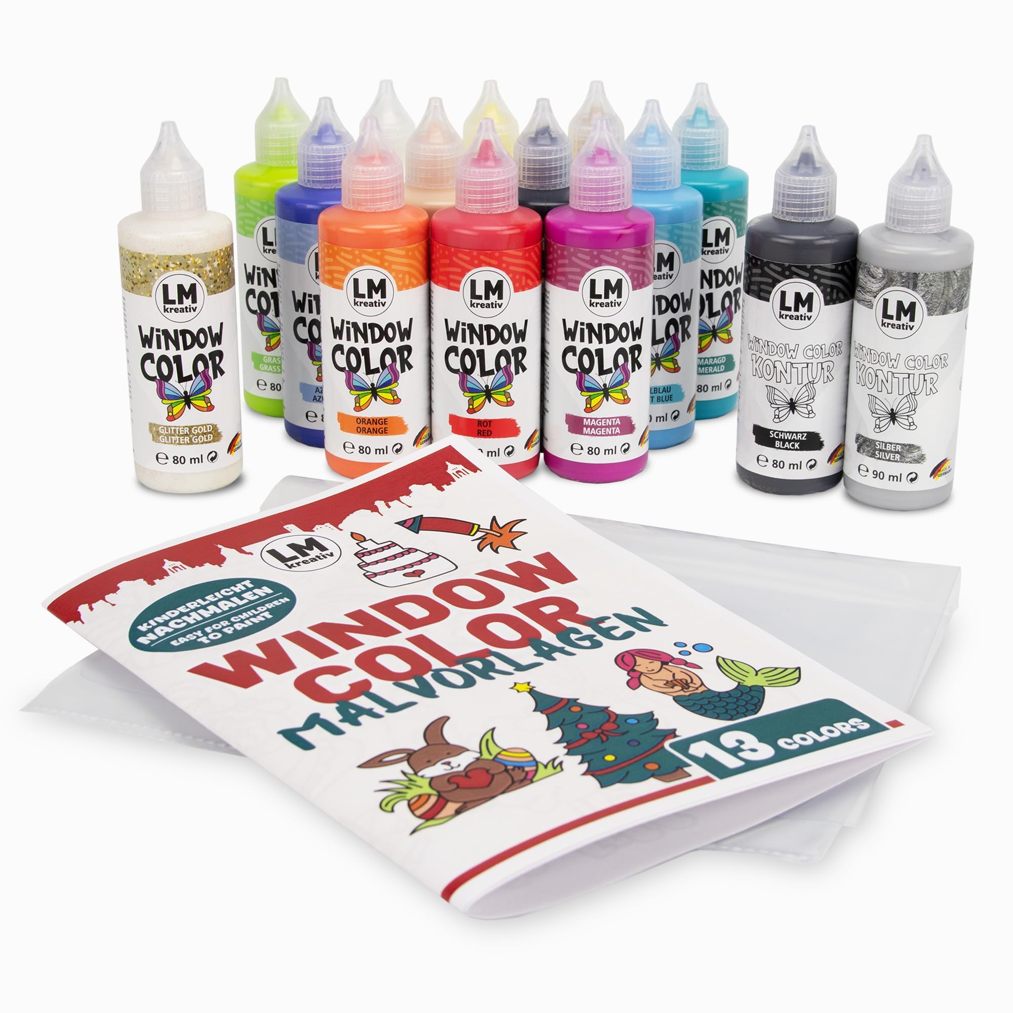 LM-Kreativ Window Color - Set 4 Saisons 15 pièces - 13 couleurs + 2 contours - Peinture pour fenêtres, à base d’eau, idéale pour décorer et offrir toute l’année