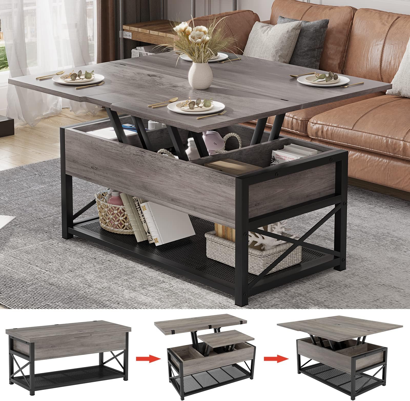 wanan 47.2" Lift Top Coffee Table, 4 in 1 Farmhouse Coffee
