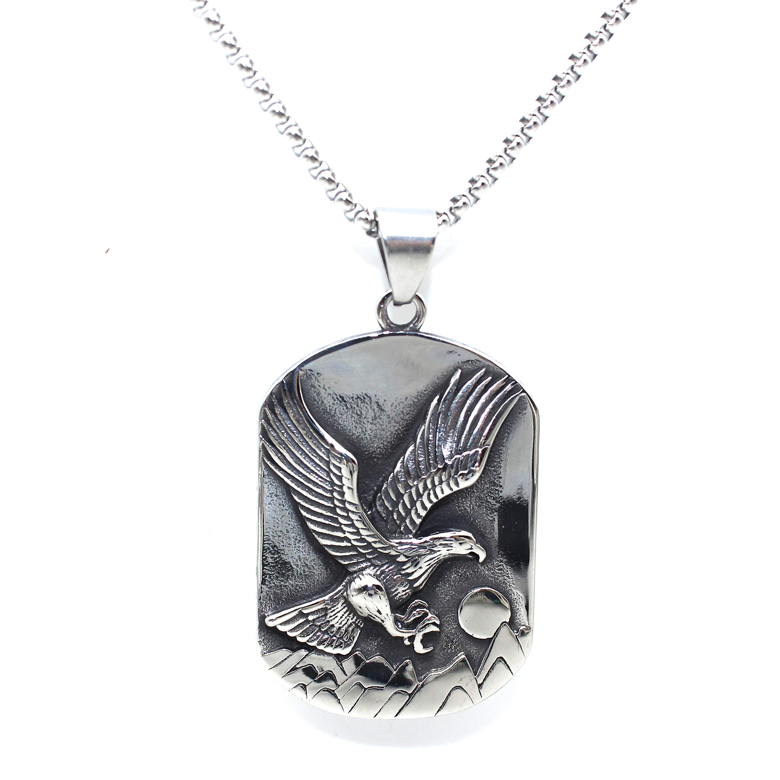 PikaLF Eagle Necklace for Men, Viking Eagle Head Pendant Necklace with 23.6” Chain, American Bald Eagle Totem Amulet Necklace, Flying Hawk Eagle Tag Necklace, Punk Animal Eagle Pendants, NO