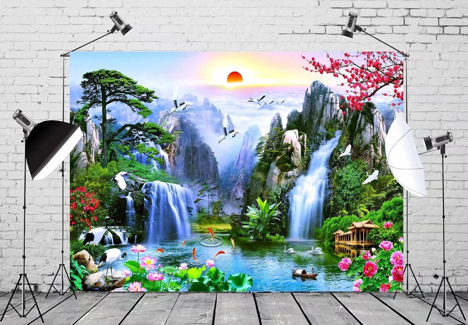 BELECO 8x6ft Fabric Fairyland Mountain Lake Photography Backdrop Waterfalls Swans Fish Flowers Dreamy Natural Landscape Painting Background Wall Murals Home Decor Kids Adults Portrait Photoshoot image 2