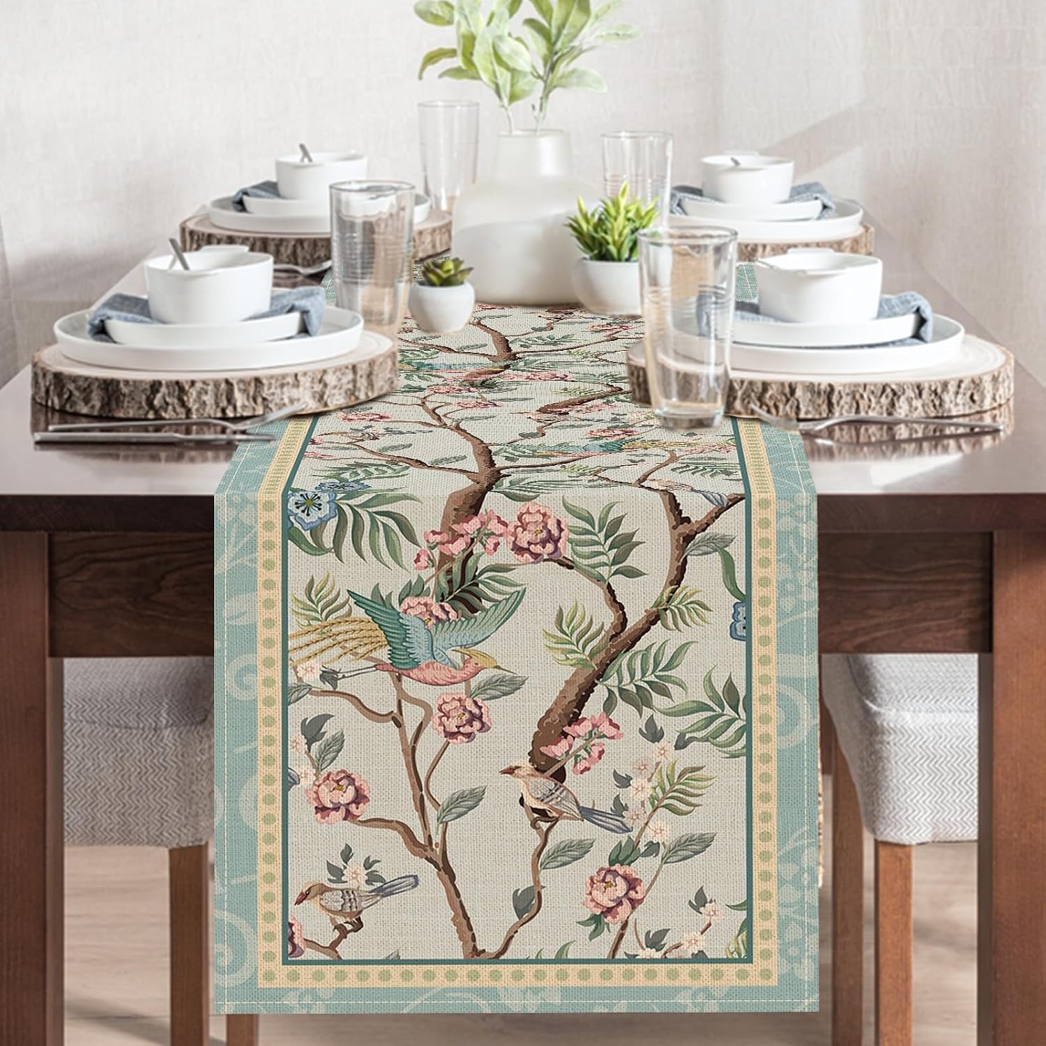 Chinoiserie Bird Floral Dining Table Runner, Vintage Flower Branch