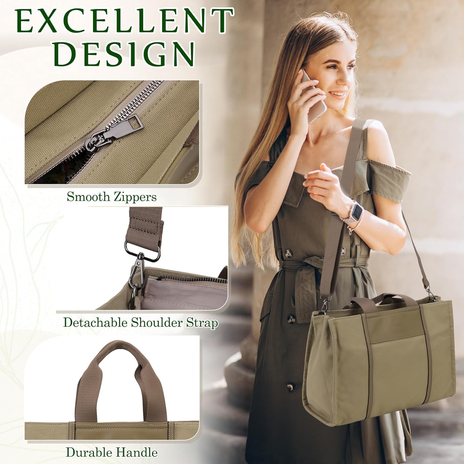 VX VONXURY Tote Bag for Women, Canvas Wide Open Crossbody Bag with Detachable Strap Convertible Stylish Zipper Shoulder Bag for Work Office Travel,Green