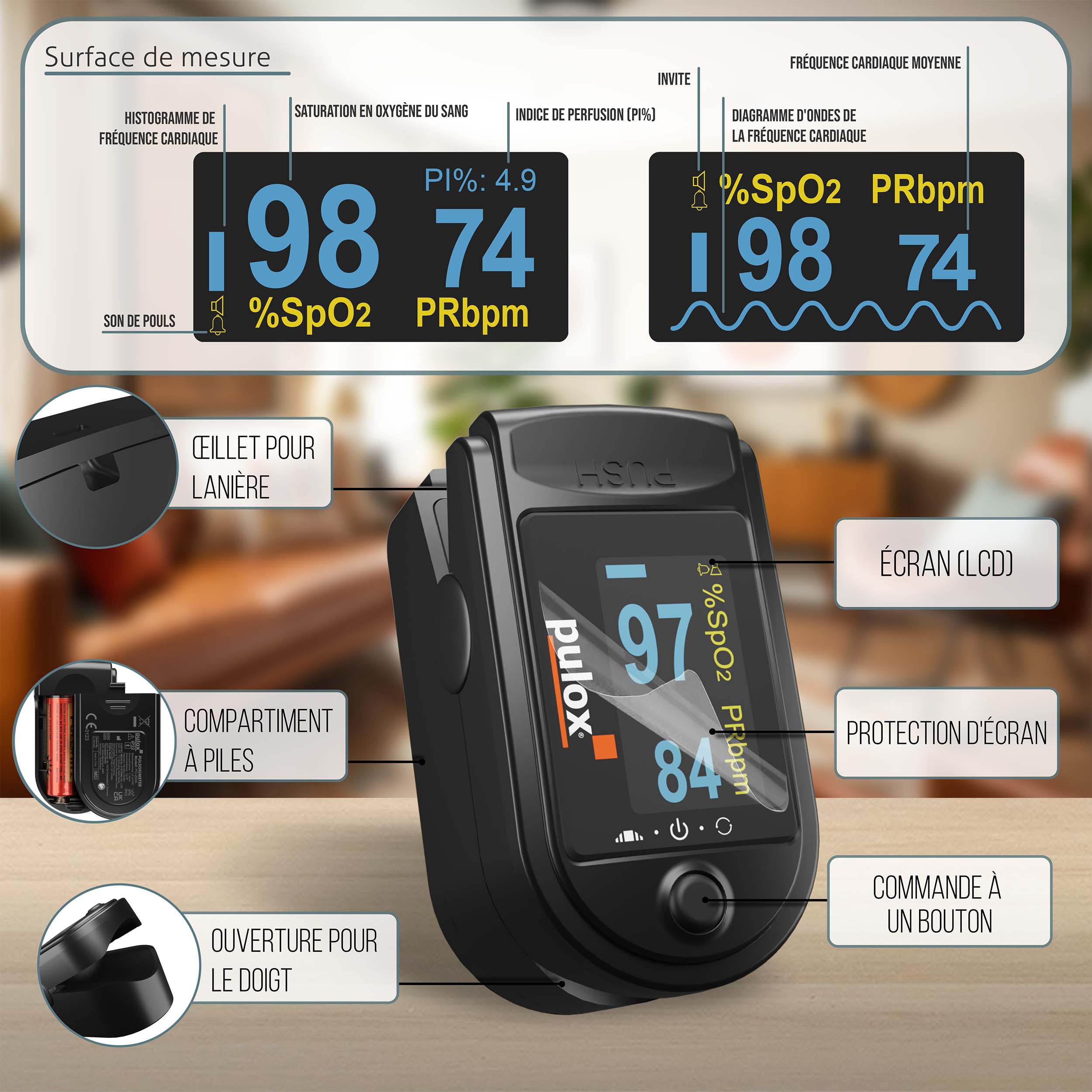 Pulox PO-200A Oxymètre de pouls avec alarme, son du pouls et set d'accessoires pour la mesure de SpO2, pouls et IP