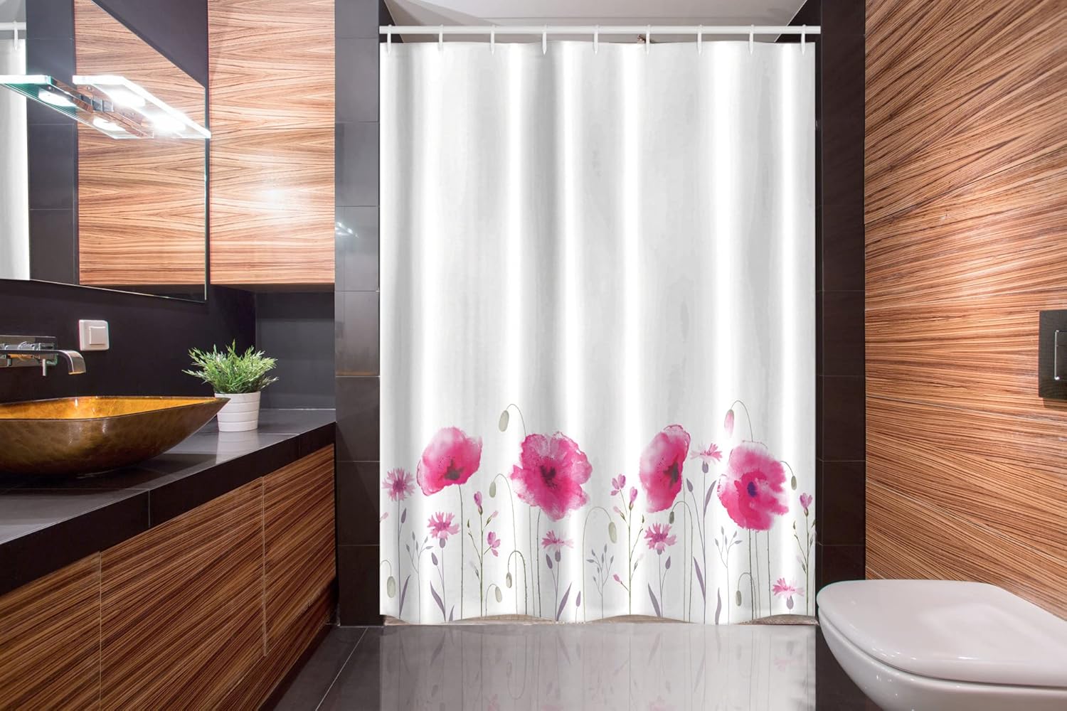Ambesonne Floral Stall Shower Curtain, Mass of Flower Glade with Poppy Petals Summer Garden Theme Field Elements Art Print, Fabric Bathroom Decor Set with Hooks, 54" W x 78" L, Pink