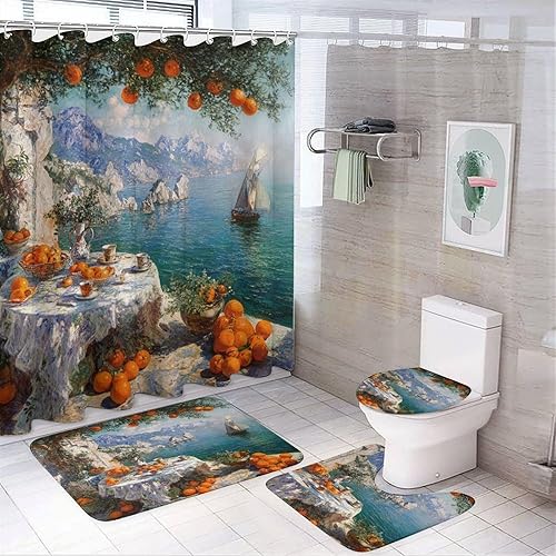 Juego de 4 cortinas de ducha con pintura al óleo retro, color naranja, colorido rústico océano italiano, paisaje costero italiano, temática de