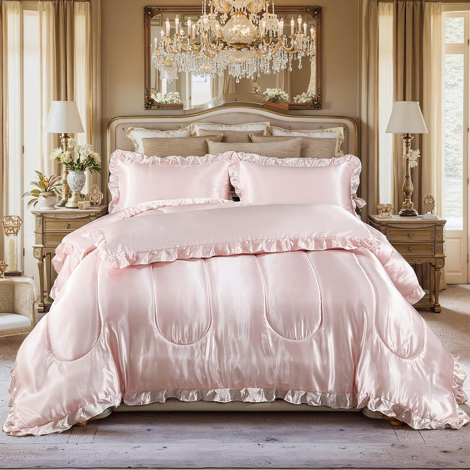 Satin King Comforter Set Silk Like Satin Bedding Set 4 Pcs Hotel Soft Polyester Pink Bed Set Luxury Silky Body Pillow Cover Ruffle Down Comforter Home Decor