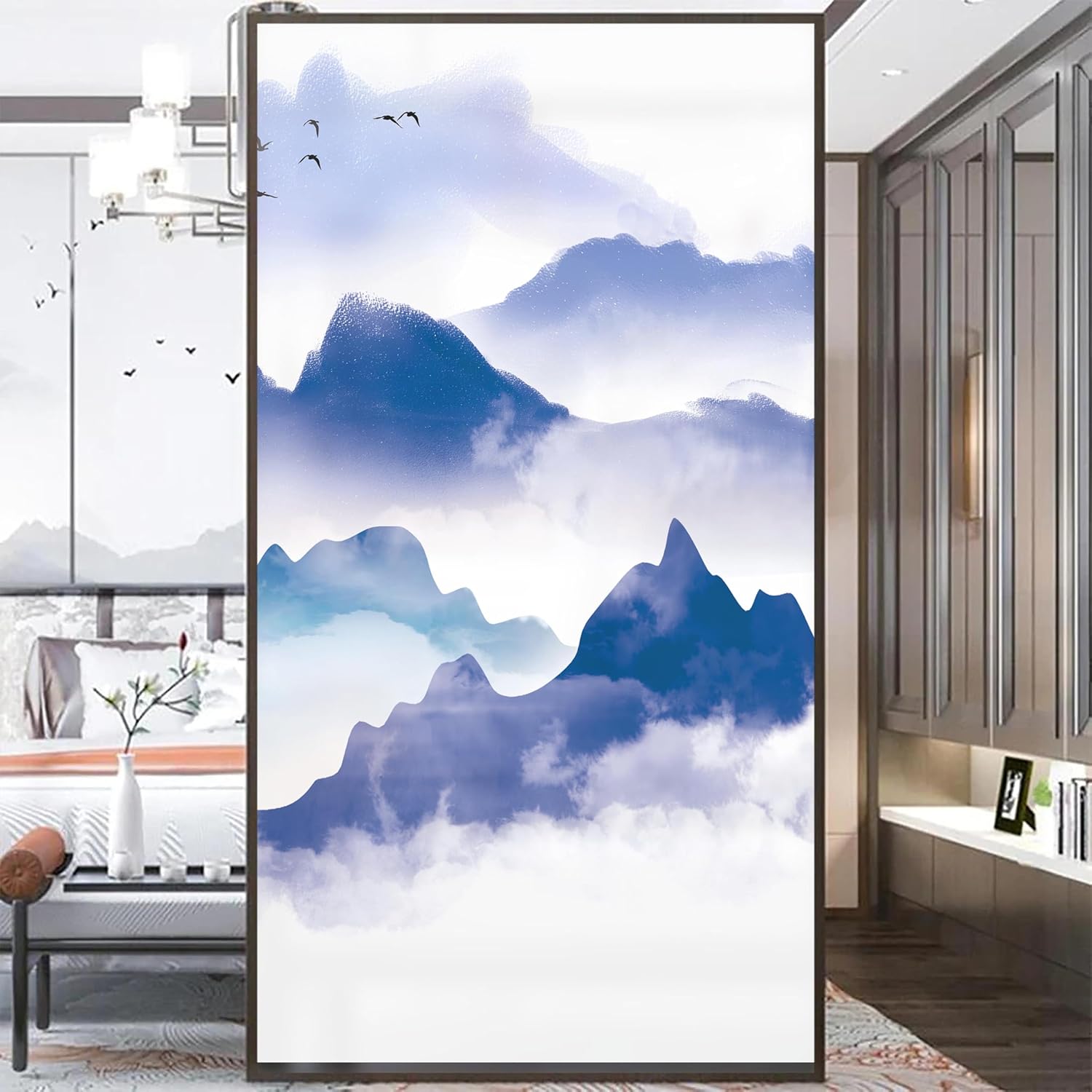 Privacy Windows Film 11C Chinese Landscape Painting Stained Glass No Glue Static Cling Decorative Window Stickers 89x140cm(35"" x55.1)