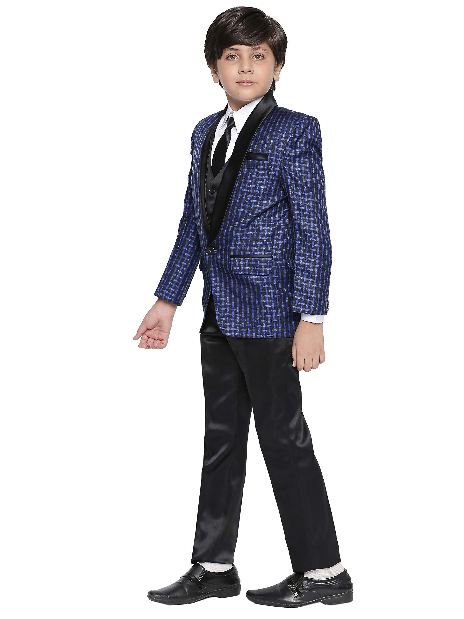 Jeetethnics Boys Navy Blue Checked Coat Suit Set with Waistcoat Shirt and Trousers (9062BJ)
