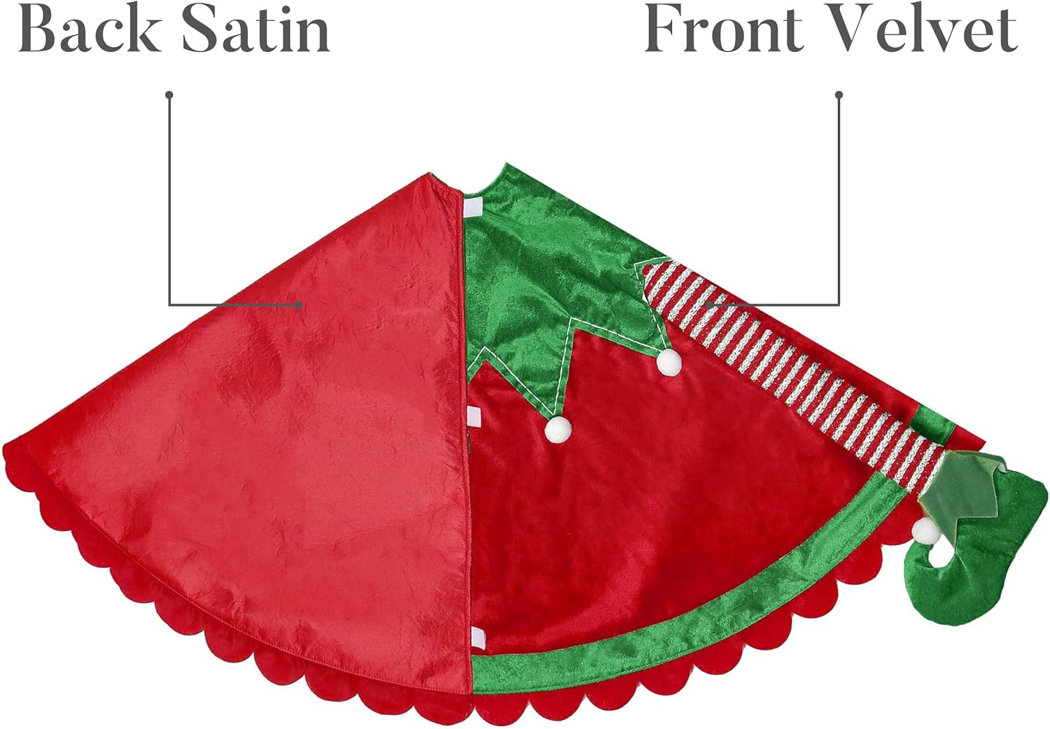 Valery Madelyn Elf Christmas Tree Skirt for Tree Decorations, 36 Inch Fabric Delightful Red Green Small Xmas Velvet Tree Skirt with 3D Elf Legs and Ripple Trim for Tree Merry Christmas Party Decor