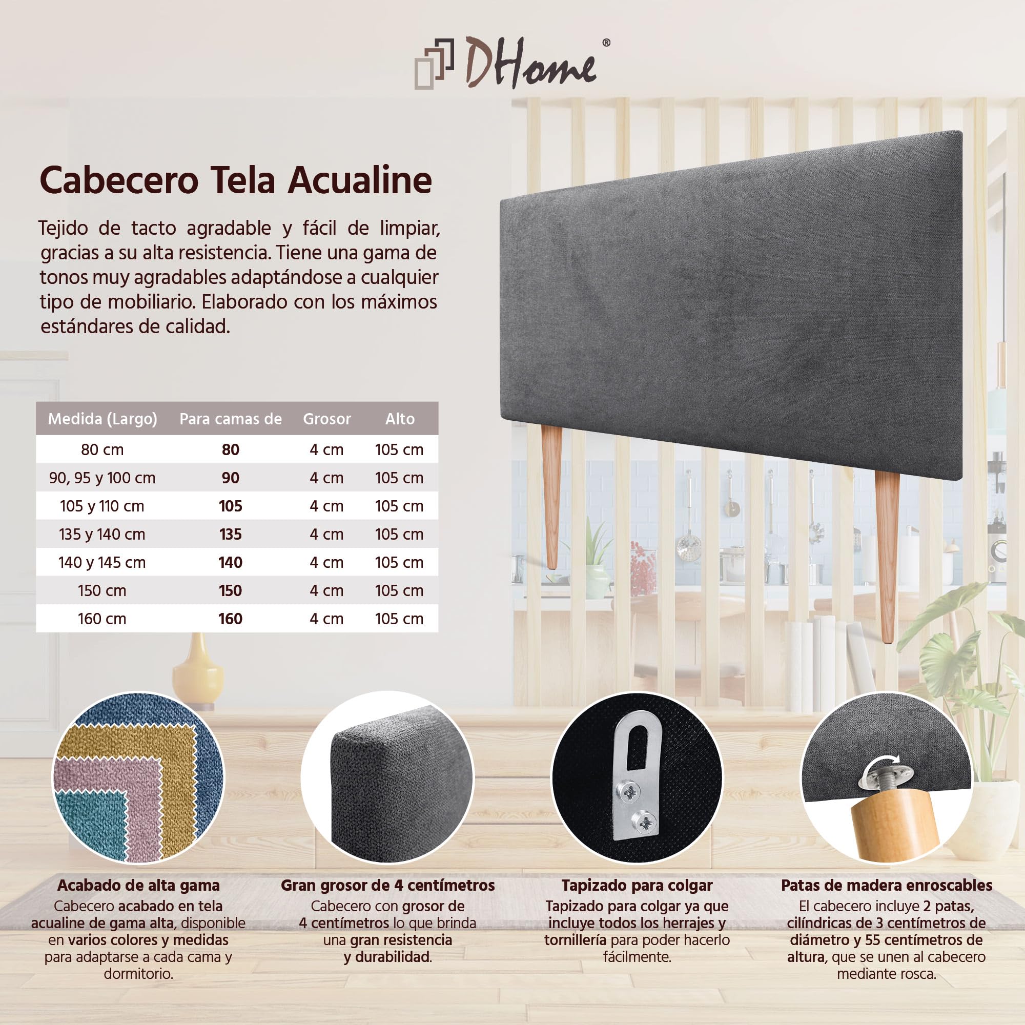 DHOME Testiera in tessuto capitonnè Aqualine 150x115 cm con gambe letto