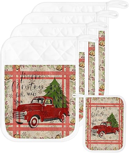 Christmas 5Pcs Pot Holders for Kitchen,Non Slip & Heat Insulation Terry Cloth Potholder Set with Pocket,Thick Hot Pad Oven Mitts Trivet Coaster for