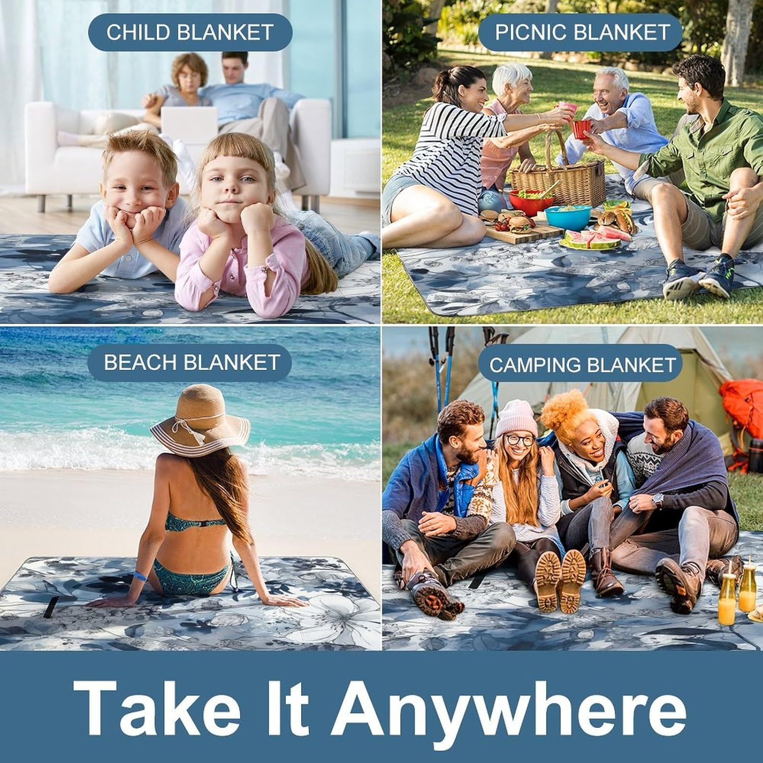 Aqua Blue Floral Pattern Waterproof Picnic Blanket 58.3''x58.3'',Portable and Foldable Picnic Mat with Handle,Outdoor Blankets for Lawn Park Beach Travel