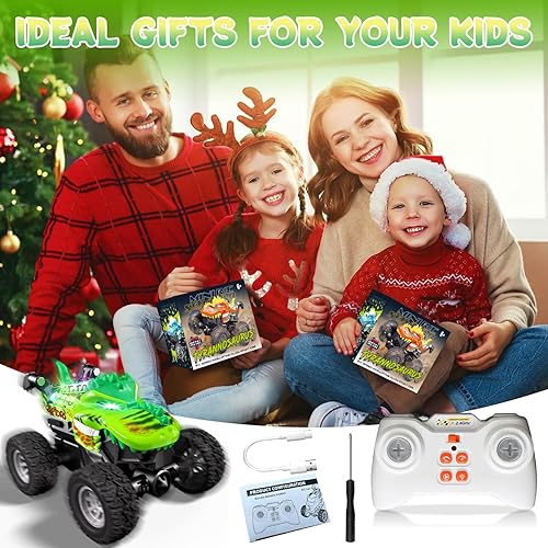 Miniatura 8 de Auto de dinosaurio a control remoto con luz RGB, juguete de camión monstruo vertical giratorio de 360 y paseo vertical, camión monstruo de control