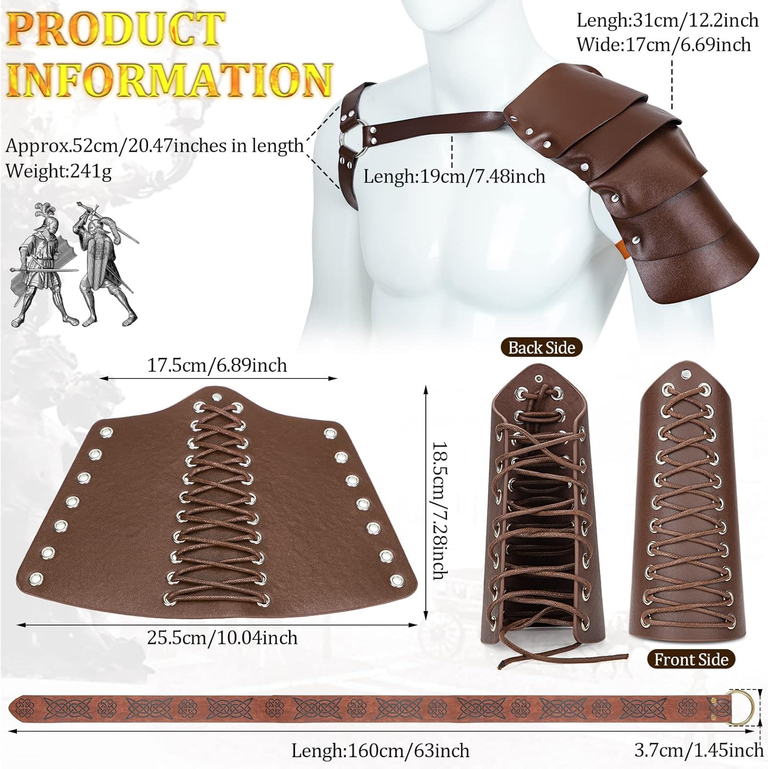 3 Pieces Leather Arm Guards Faux Leather Single Shoulder Cover Cape Ring Belt for Adults Halloween Medieval Knight Costume Cosplay Party Brown