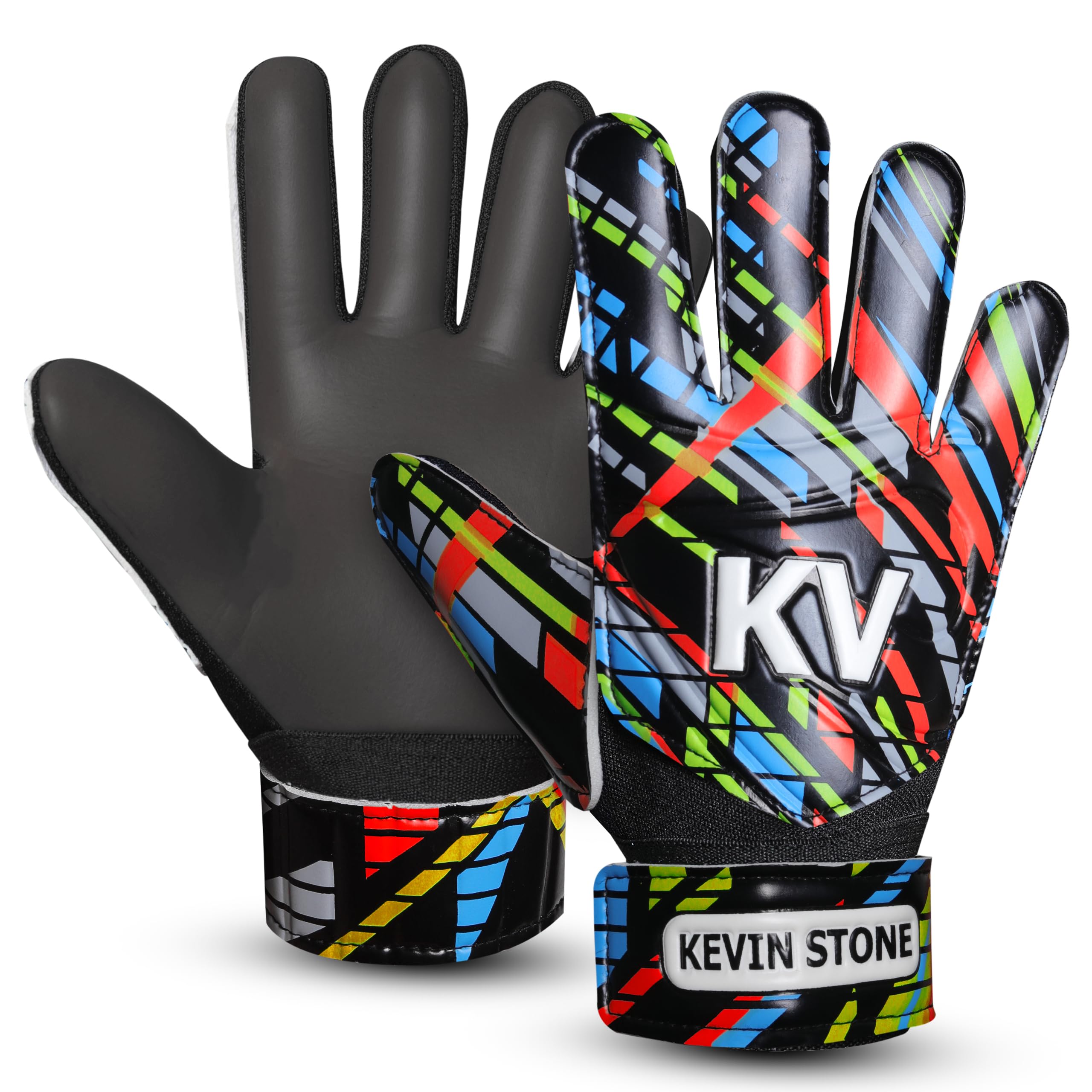 Kavin Stone Football Goalkeeper Gloves For Boys, Kids Children Youth Soccer Goalie Gloves with 4mm Latex Finger Spine Protection Super Grip Palm Goalkeeping Gloves (Black, 3)