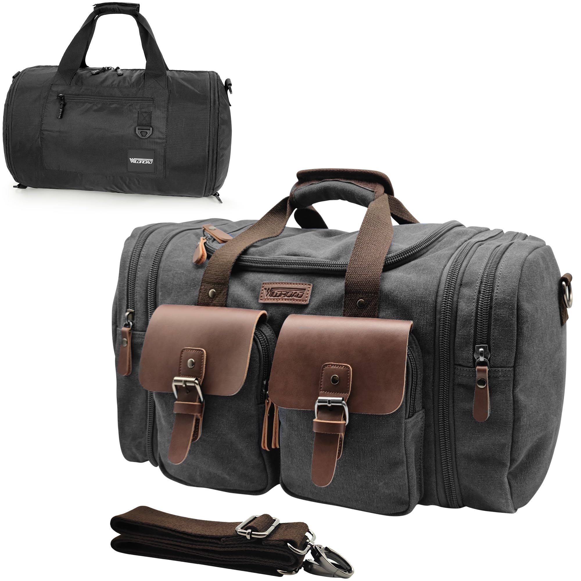Wildroad 50L Travel Duffel Bag, Expandable Canvas Genuine Leather Duffle Bag Upgraded Overnight Weekender Carry on Bag, Black, Large-50L Gym Bag, Gym