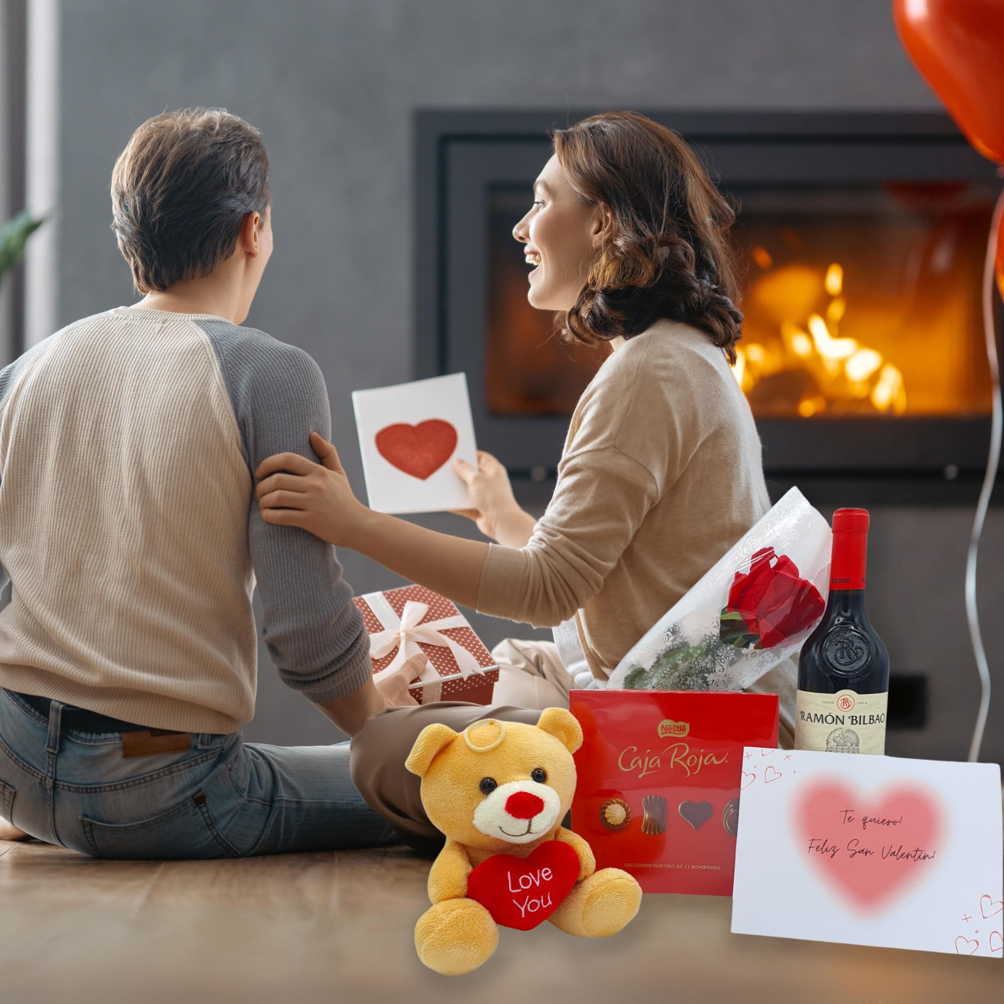 Pack Regalos Originales para San Valentin | Incluye Vino Ramon Bilbao + Bombones San Valentin Caja Roja Nestle + Osito Peluche LOVE + Rosa | Perfectos Regalos de San Valentín para Mujer y Hombres