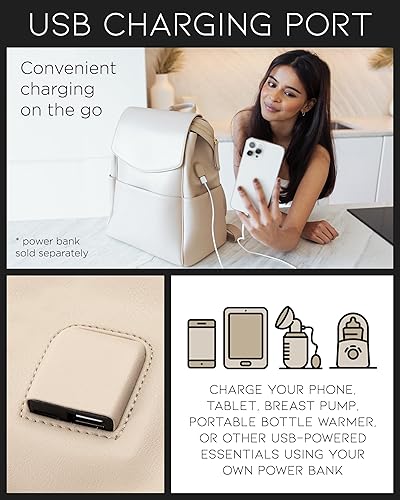 Miniatura 5 de MIA + SOPHIA Mochila de cuero para pañales con puerto de carga USB, cambiador, correas de cochecito y soporte para botellas (beige oliva)
