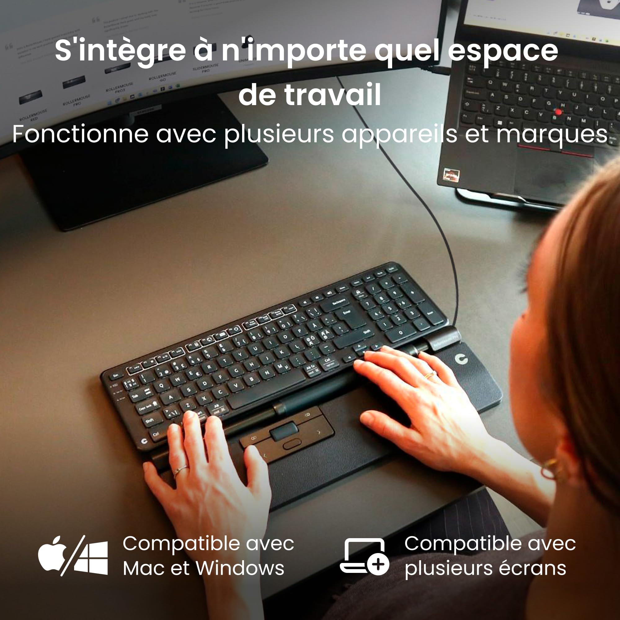 RollerMouse Pro Slim – Souris Ergonomique pour soulager Les douleurs au Cou, aux épaules et aux Poignets | Barre de roulement Centrale | Repose-Poignets en Cuir végétalien | 600 à 2800 DPI | Filaire