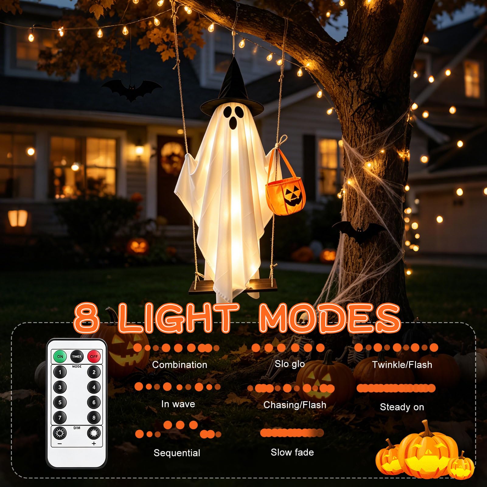 Halloween Deko Outdoor Leuchtend Geister Hängend mit Lichterkette 1.5M (A) | Hängende Geister Schaukel mit Kürbis Tüten, Gruselige Leuchtend Geist mit Hexenhut Auf Holzschaukel für Halloween Deko Garten