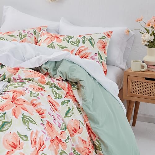 Miniatura 2 de SLEEP ZONE Juego de funda de edredón con estampado floral de 4.23 ozm, ultra suave, cierre de cremallera, lazos en las esquinas, flor de melocotón,