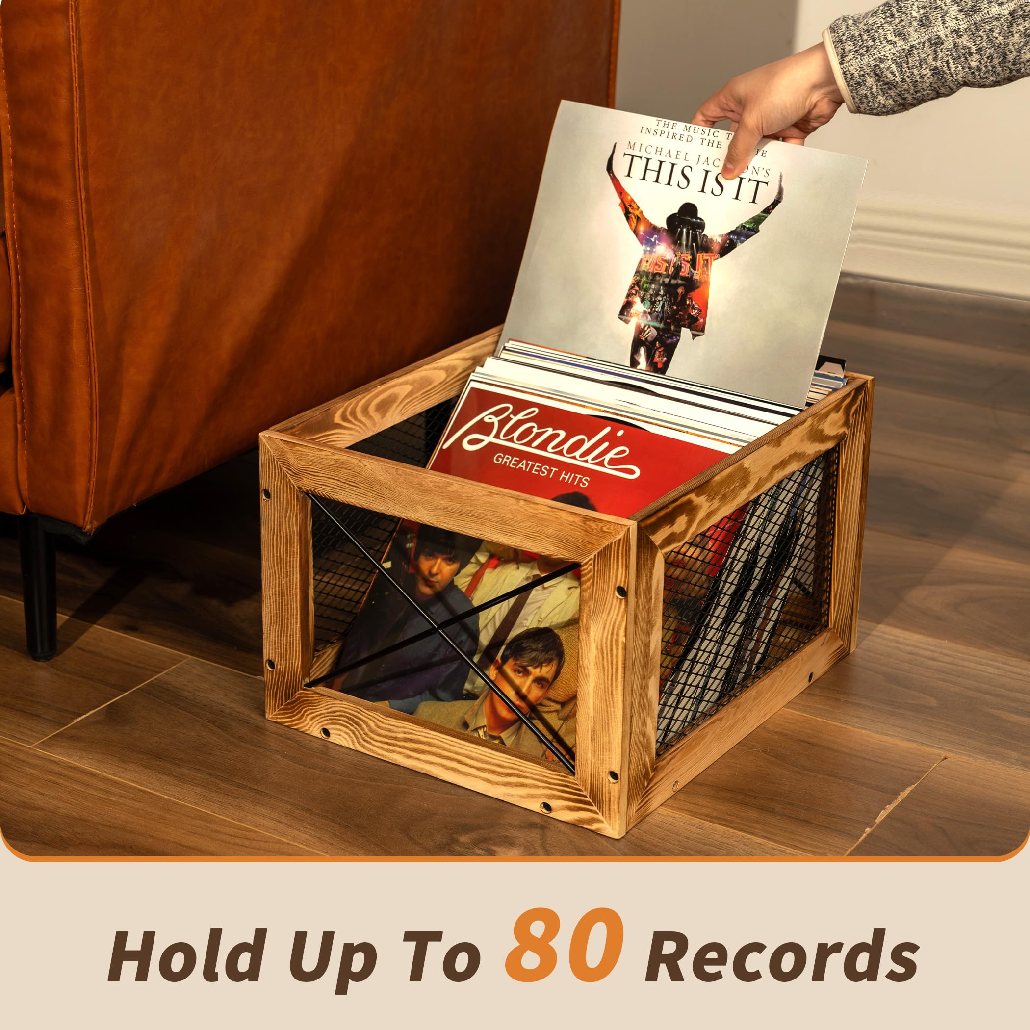 Becko US Vinyl Record Storage Box, Wooden Record Rack Stand with Integrated Handles, LP Storage, Album Storage for Vinyl Records, Holds 80+ Records, Carbonized Pinewood, Lightweight and Stable