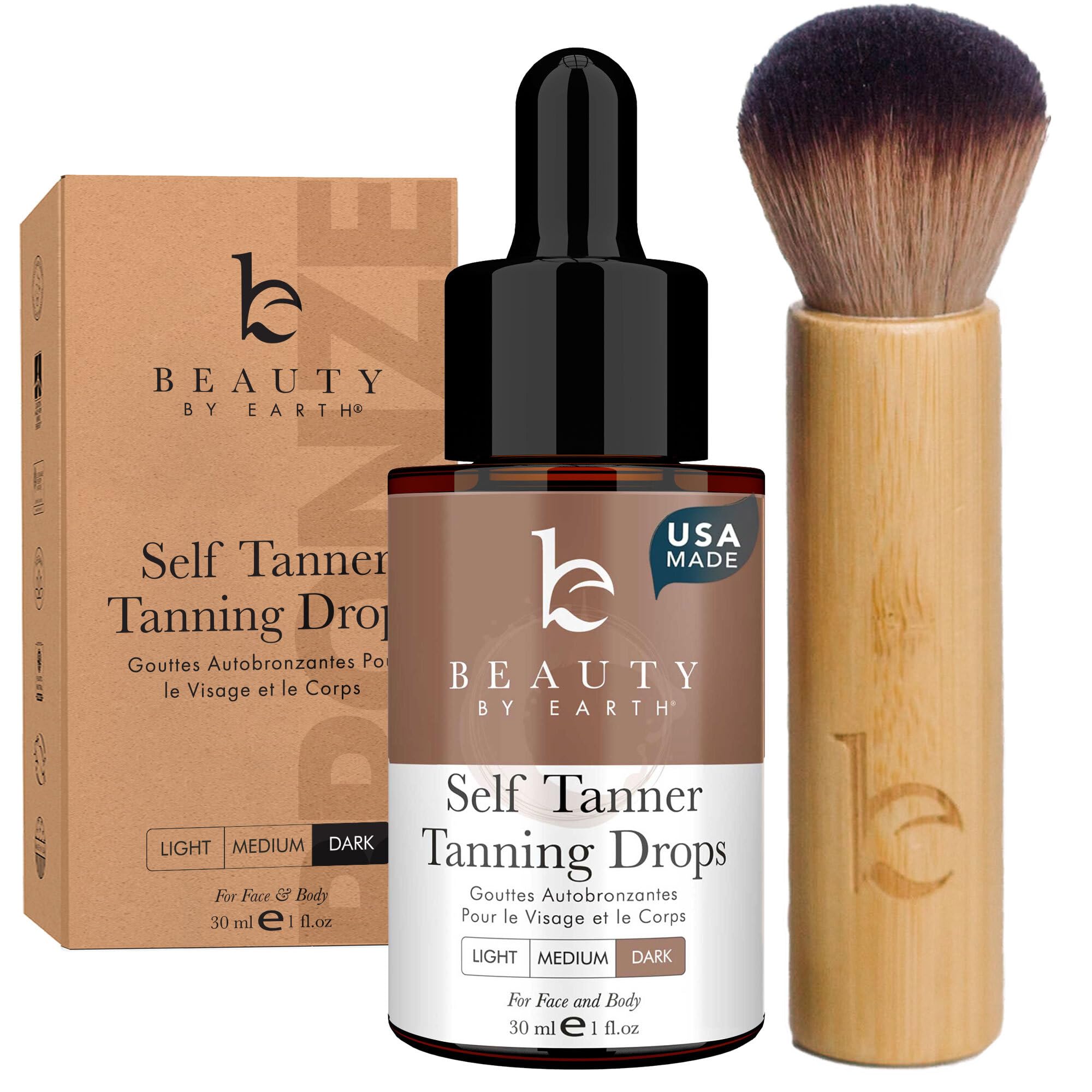 Self Tanning Drops & Kabuki Face Brush - Made with Natural and Organic Ingredients, Dark Face & Body Tanning Drops to Add to Lotion, Toxin Free Moisturizing Bronzing Drops