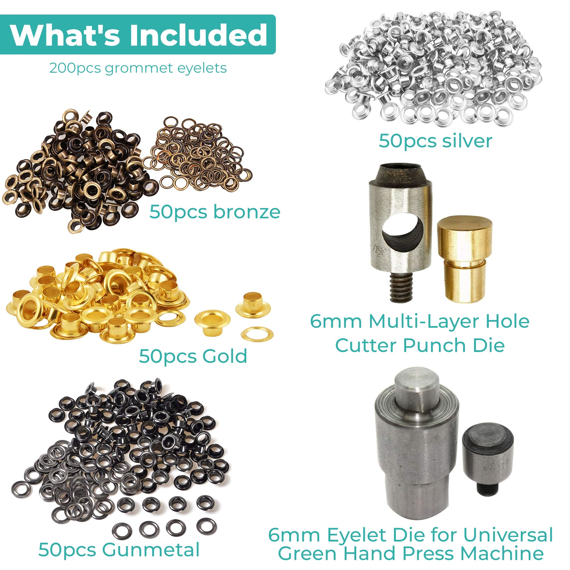 Trimming Shop Kit di occhielli da 6 mm, 200 occhielli in 4 colori con fustelle di fissaggio, set per progetti fai da te, artigianato della pelle, riparazione abbigliamento, scarpe, borse