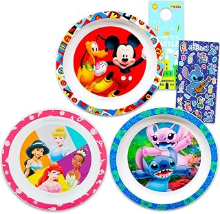 Disney Kids Plates Set: 3-Pack Mickey Mouse, Minnie Mouse & Stitch Dinnerware + Stickers | BPA-Free, Dishwasher Safe for Toddlers