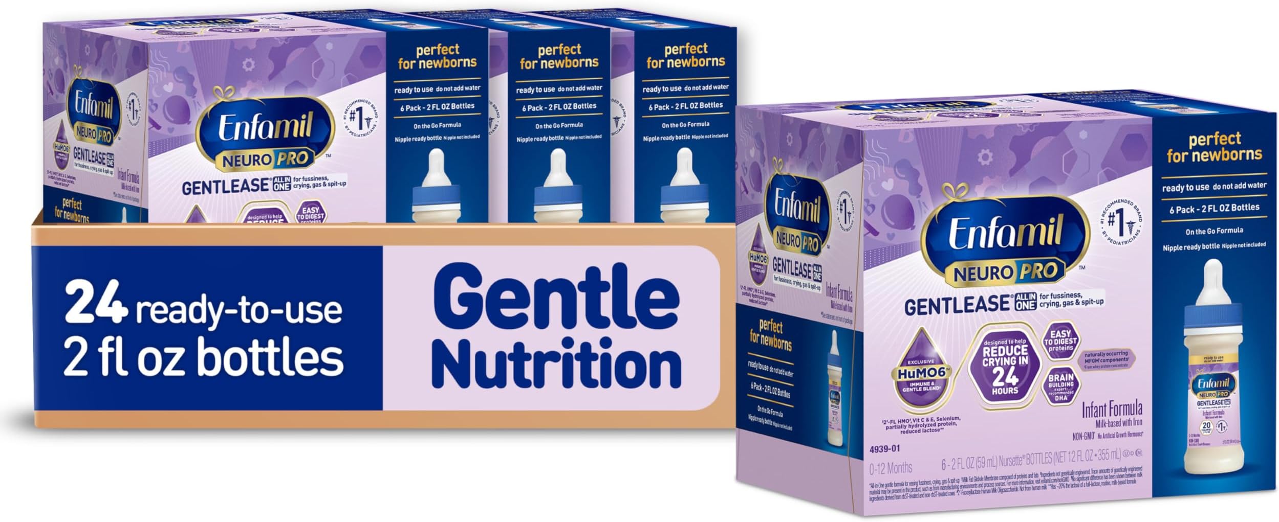 NeuroPro Gentlease Ready-to-Feed with Smaller Proteins for Easy Digestion,Brain Supporting DHA, HuMO6* Blend, Baby Formula for easing Fussiness, Gas, Spit-up in 24hrs, 2 Fl Oz (6 ct), 4 Pack