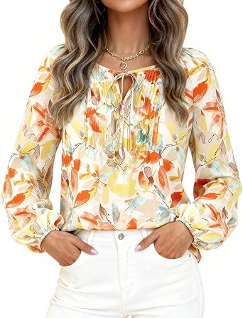KIRUNDO Boho Tops for Women Going Out Floral Long Sleeve Shirts Dressy Casual Work Blouses Drawstring 2025 Fall Outfits
