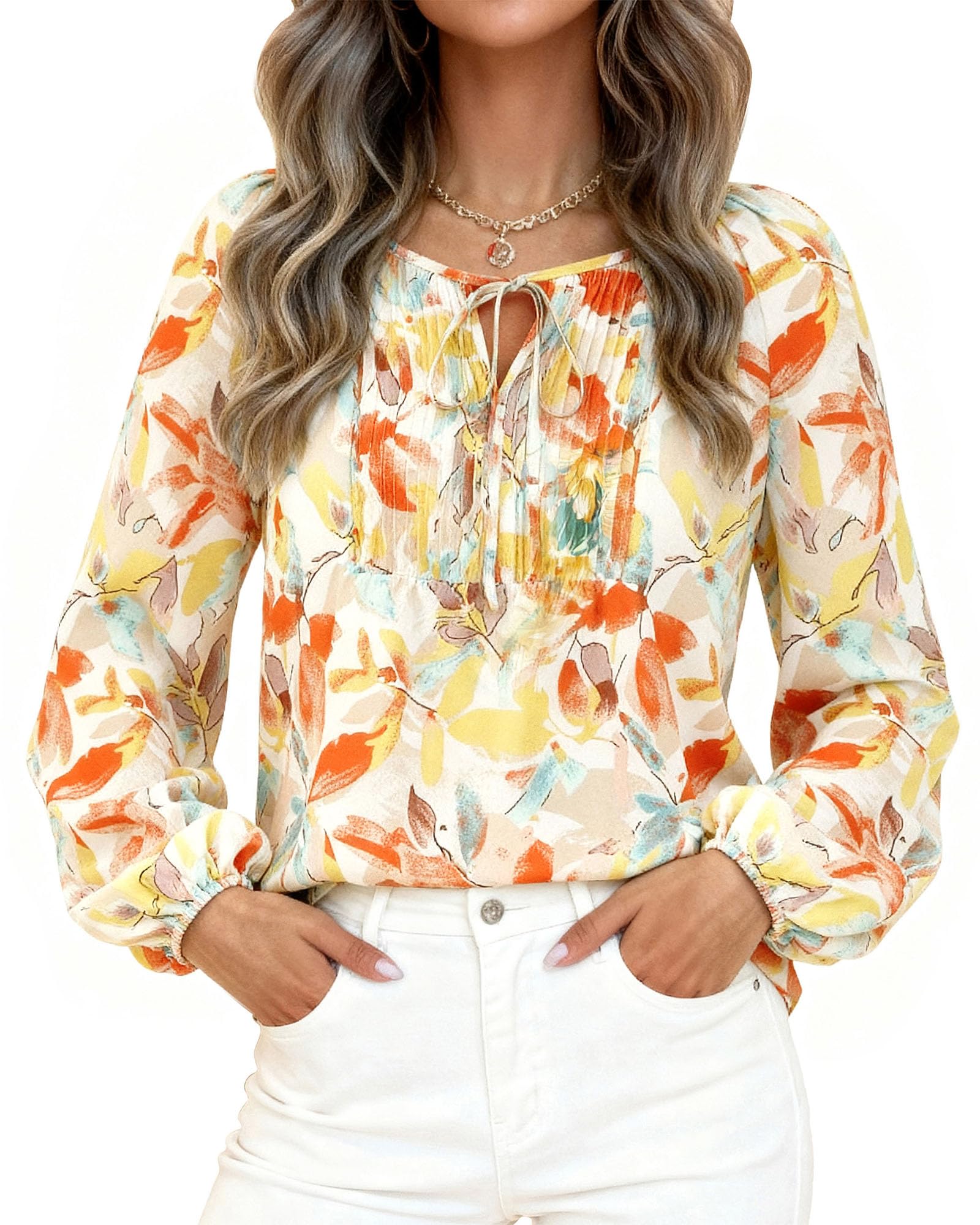 Boho Tops for Women Going Out Floral Long Sleeve Shirts Dressy Casual Work Blouses Drawstring 2025 Fall Outfits
