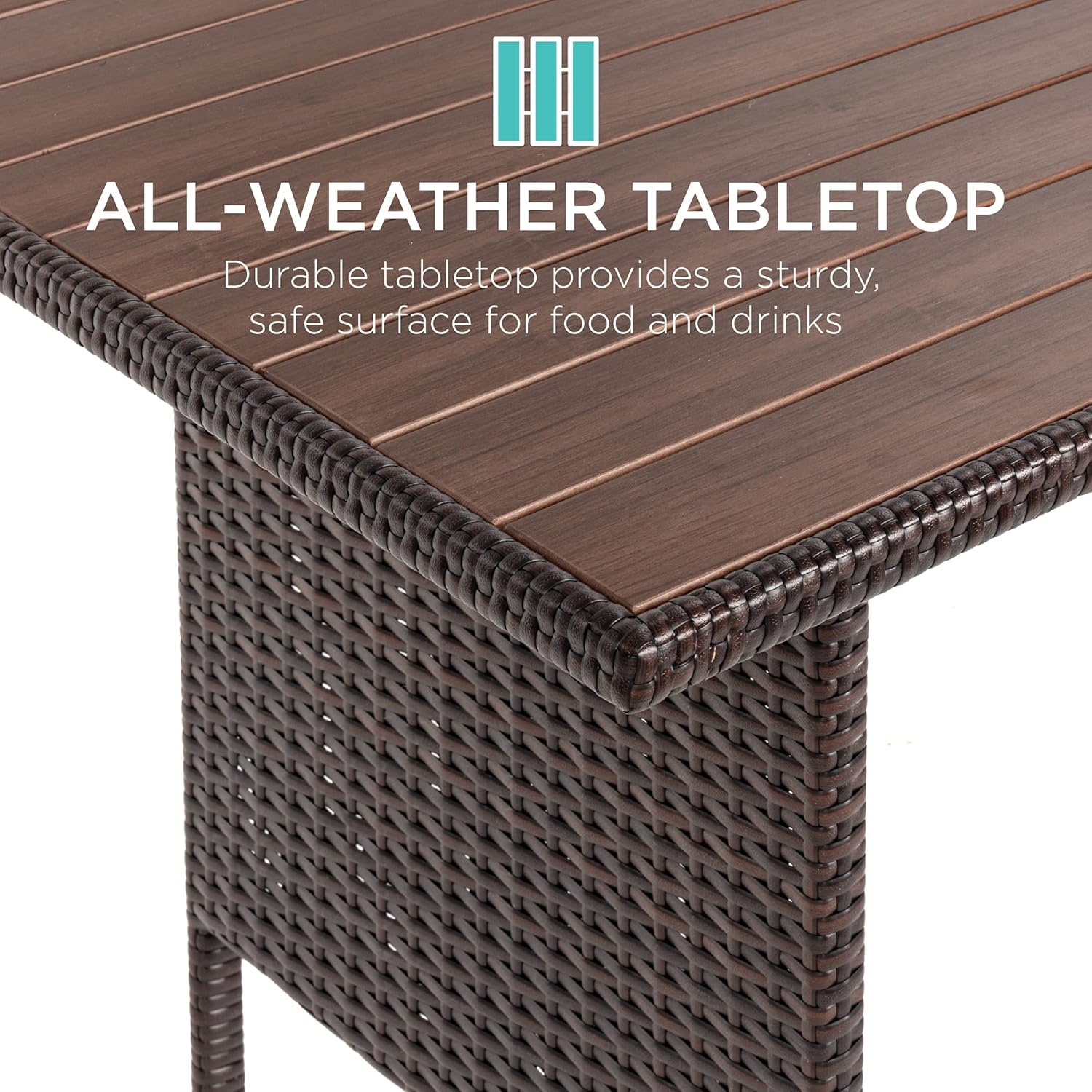 Close-up image of the all-weather tabletop, highlighting its durable construction and slatted design.