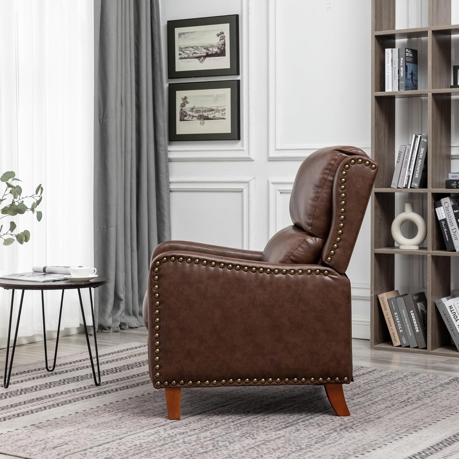 Pushback Recliner Chair, PU Leather Push Back Armchair, Upholstered Recliner Chair 105-135 Degree Adjustable, Retro Accent Chair for Living Room Bedroom - Brown