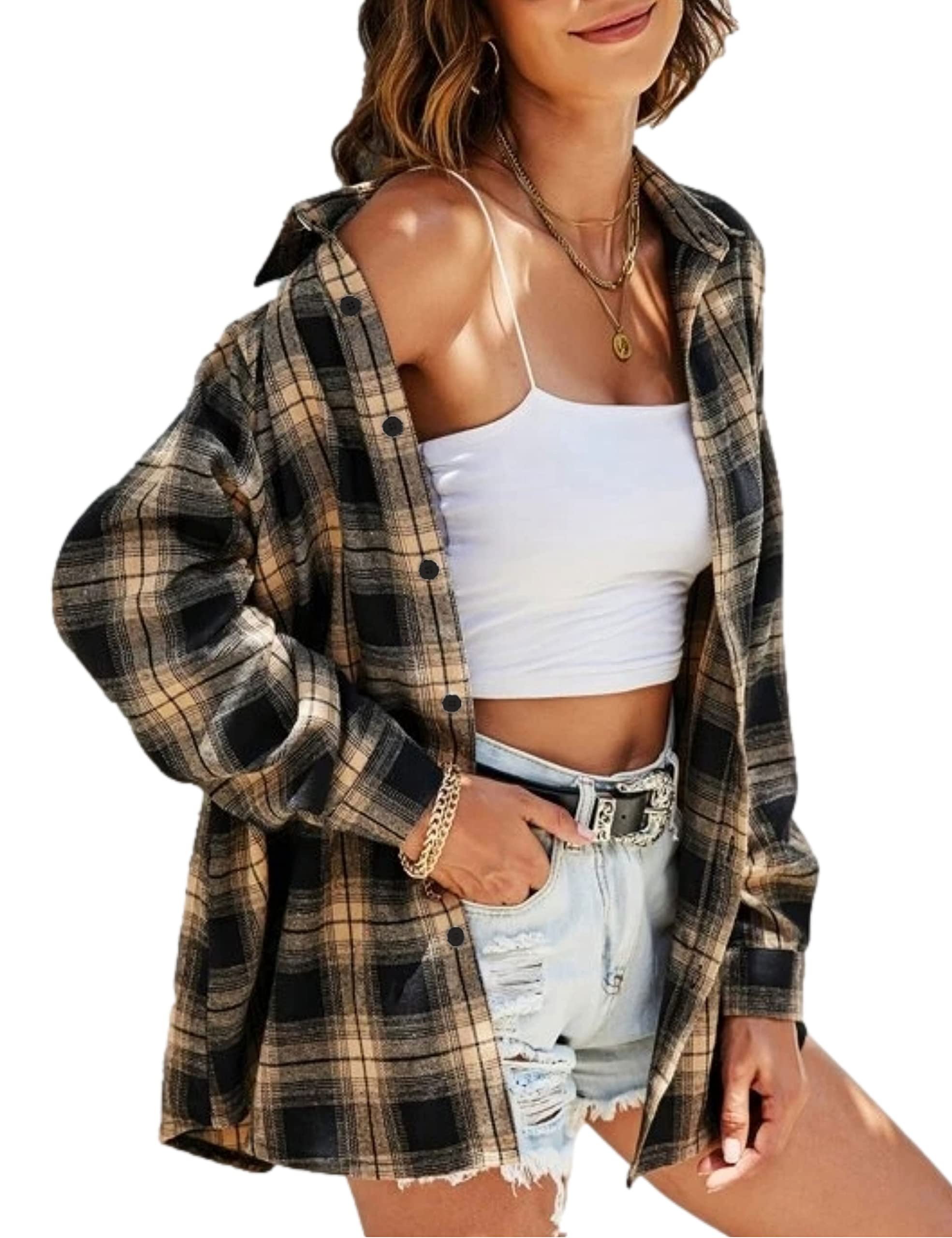 Zontroldy Womens Flannel Plaid Shirts Oversized Lightweight Buffalo Plaid Button Down Shirt Blouse Tops