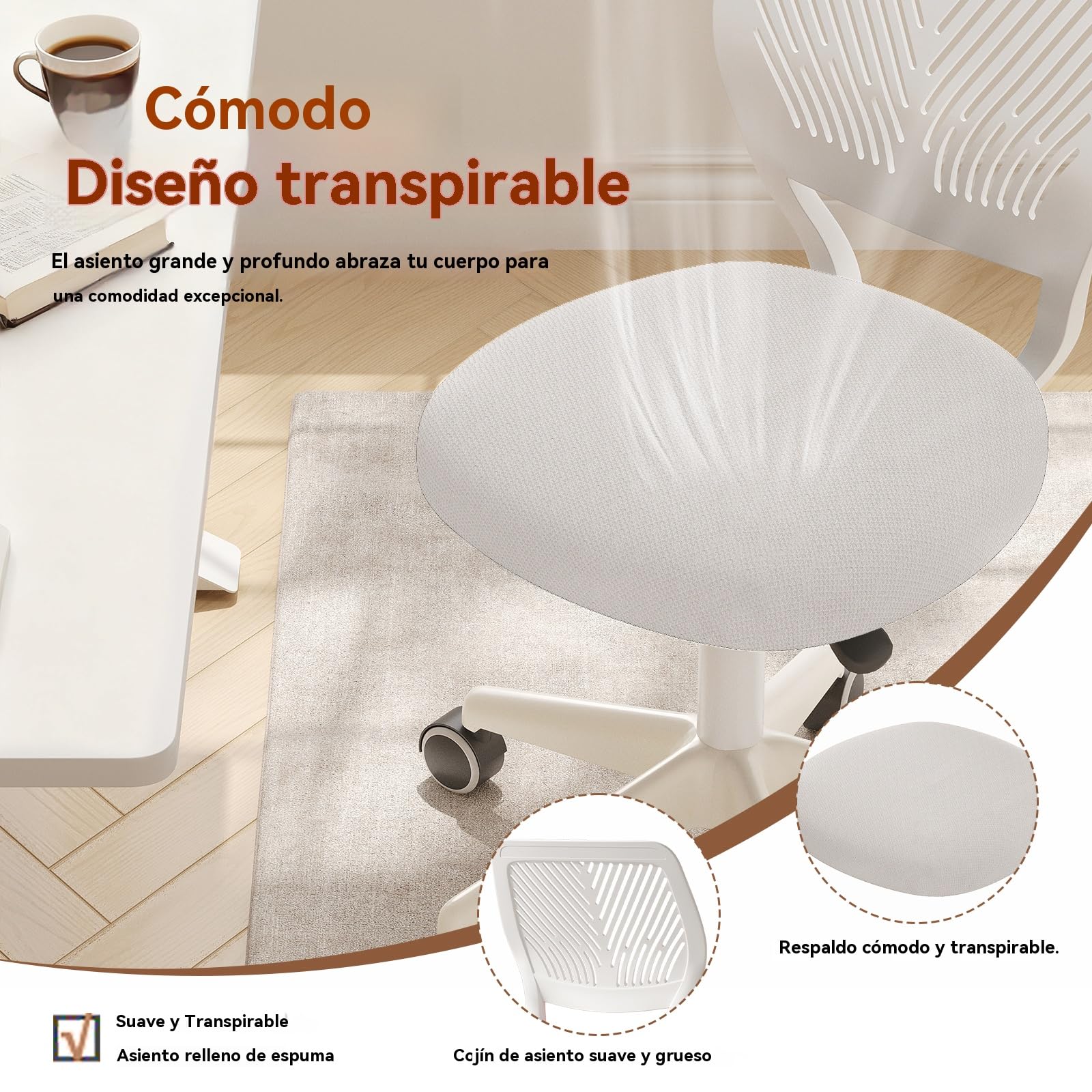 Silla Giratoria Ajustable para Escritorio, Silla de Oficina Sin Brazos, Taburete Redondo con Ruedas y Respaldo para Hogar y Oficina