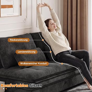 Devoko Sofa with Sleep Function 190 x 157 cm Extendable Sofa Bed with Bed Box Small 2-Seater Chenille Couch Folding Sofa Sofa Bed with Storage Space for Home and Living Room Black Sleep function