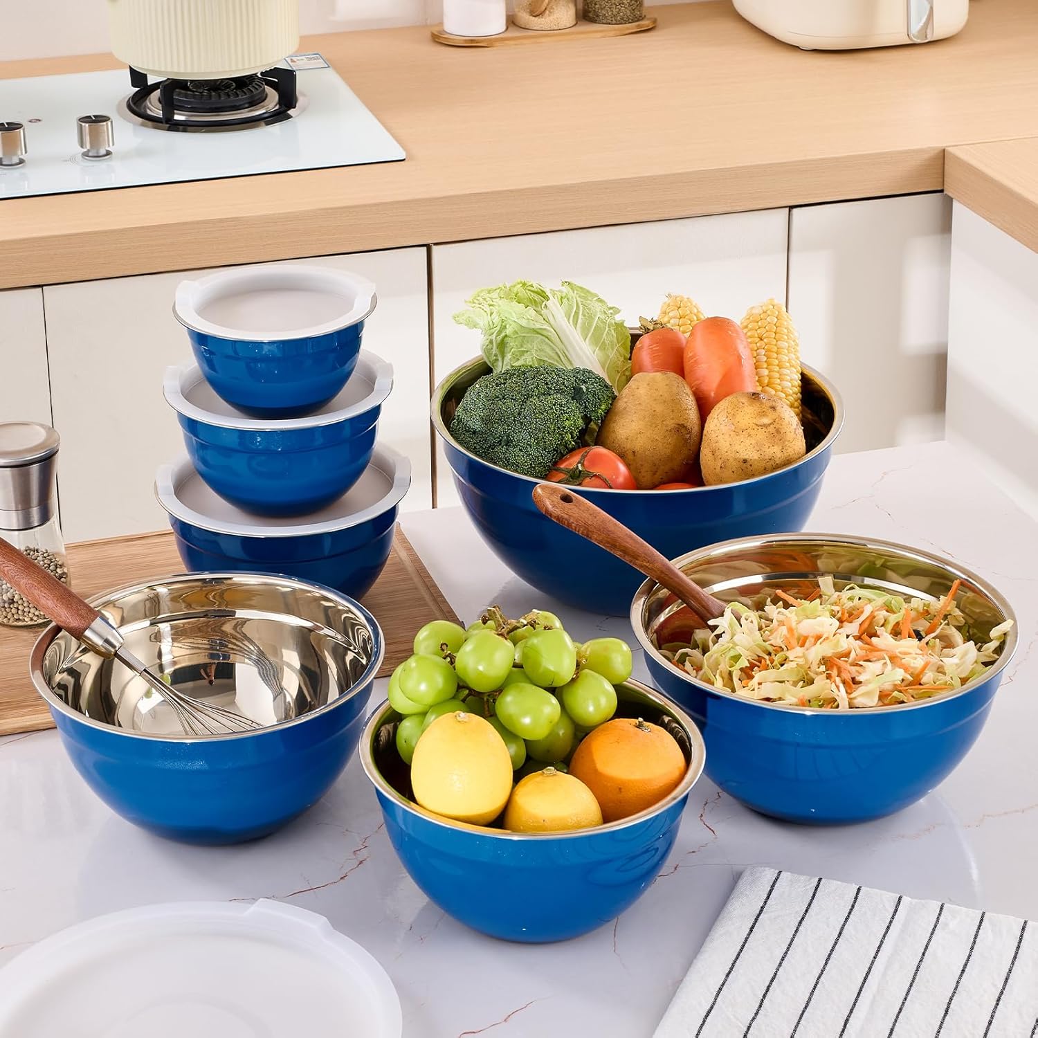 Blue Mixing Bowls with Airtight Lids, Stainless Steel Nesting Mixing Bowls Set of 7, Ideal for Baking, Prepping and Serving Food, Size 7, 3.6, 2.7, 2.1, 1.5, 1.1,0.8 QT, Stackable Design - Image 9