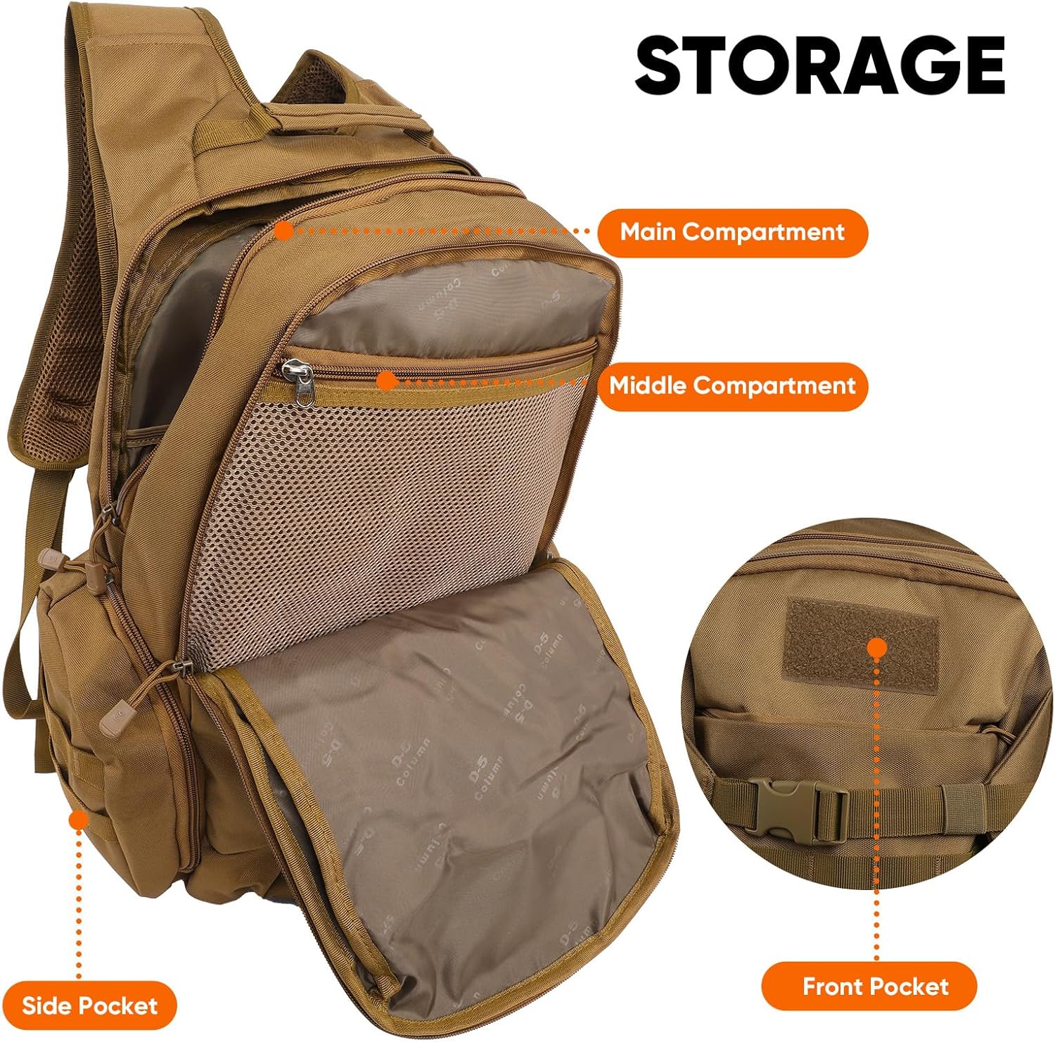 35L Tactical Backpack for Men, MOLLE Military Bug Out Bag, Waterproof Rucksack for Hiking with Hydration Port Tan - Image 5