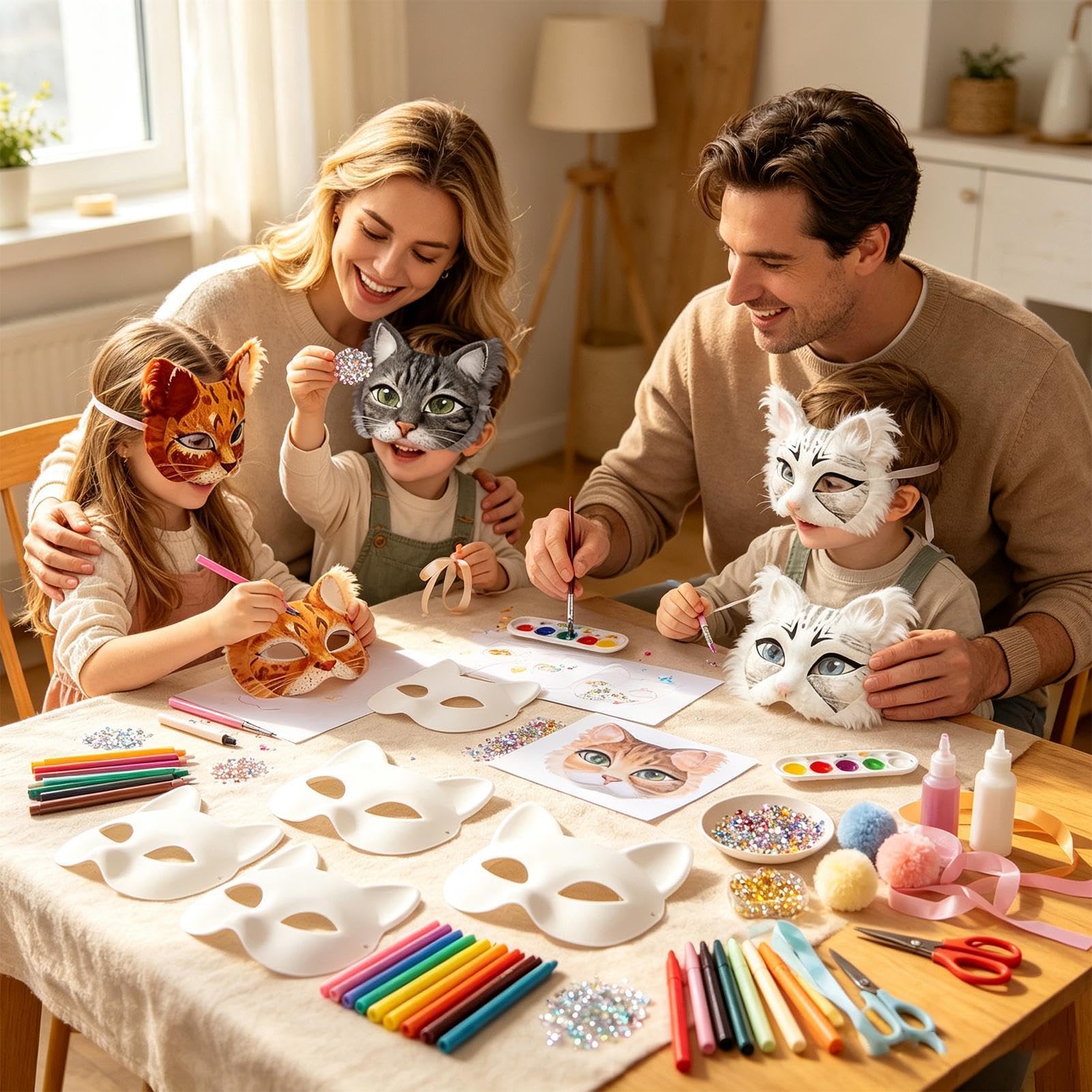 Gatto Maschera Facciale Vuota Con Colori, Rete Occhi, Baffi E Adesivi | 124 Pezzi Kit Artistico Artigianale Fai Da Te Animali per Halloween, Cosplay, Masquerade, Natale e Carnevale