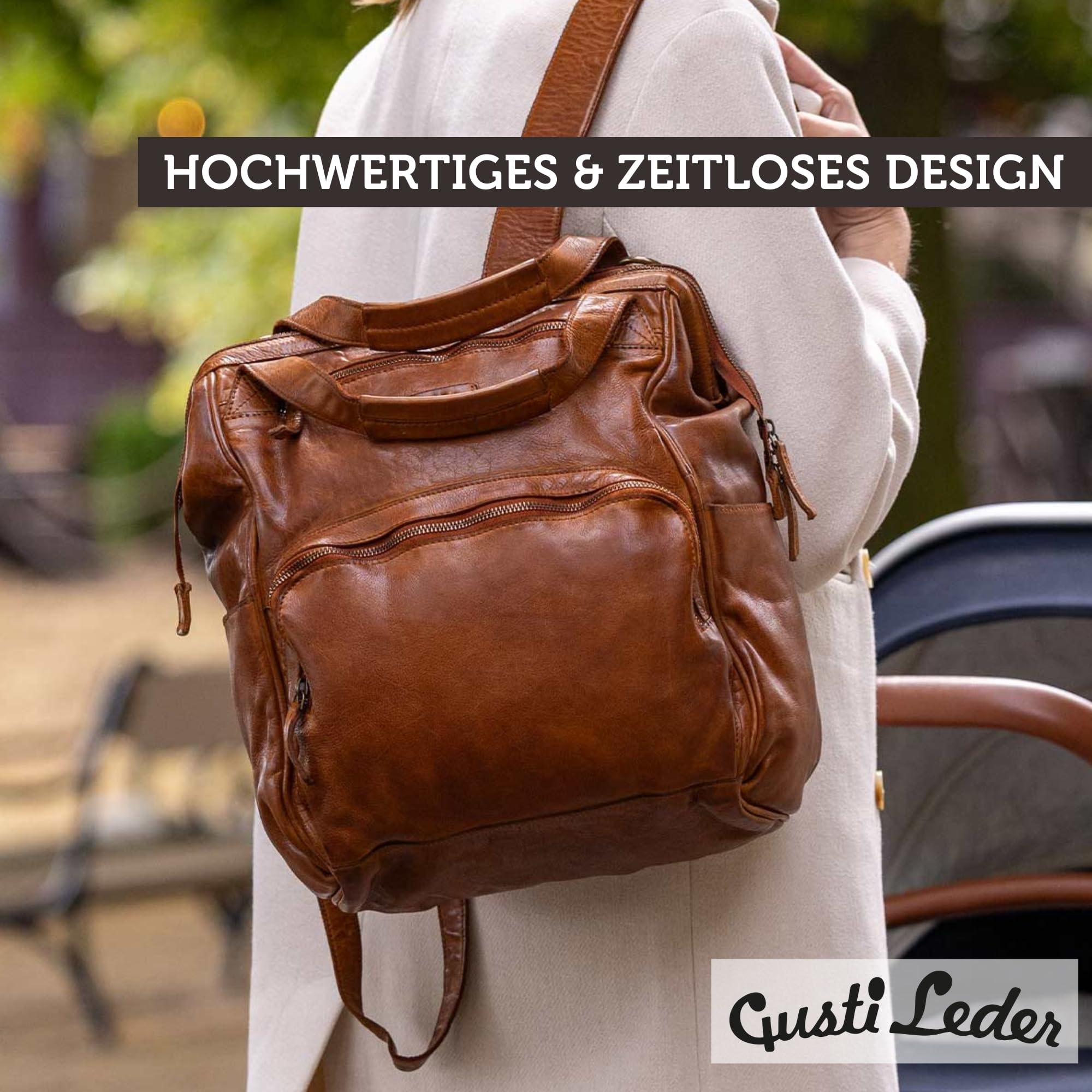 Gusti Leder Wickelrucksack Carina - Leder Wickeltasche mit Wickelauflage & Organizer Fächern - Lederrucksack Damen & Herren - Kinderwagen Organizer & Reisetasche