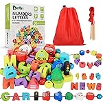 BMTOYS Wooden Lacing Toy Alphabet Number Threading Beads for Boys Girls Age 3 4 5 6 Montessori Educational Learning Birthday Gift