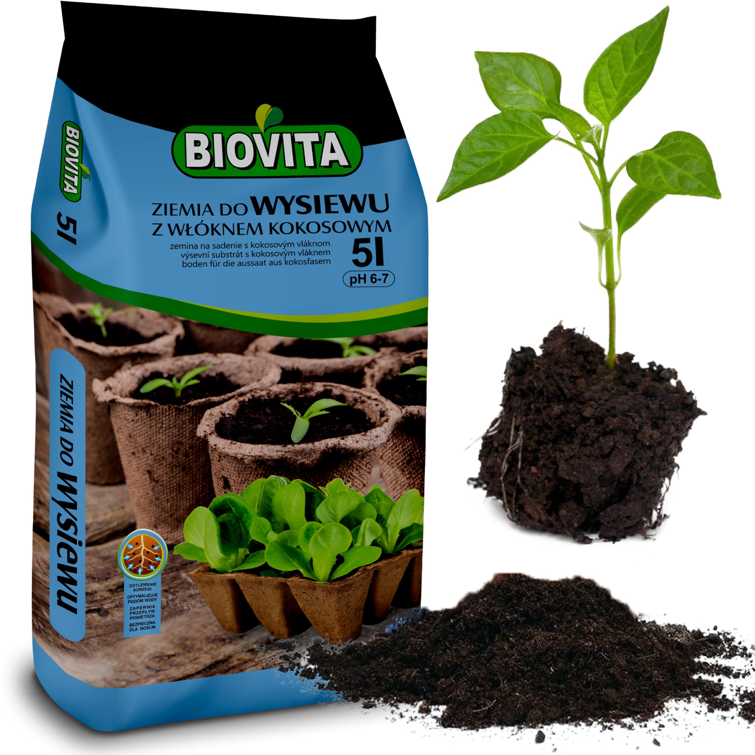 BIOVITA Do wysiewu z włóknami kokosowymi, 5 l, wieloskładnikowa ziemia do roślin, gotowa do użycia, ziemia pochodzenia naturalnego