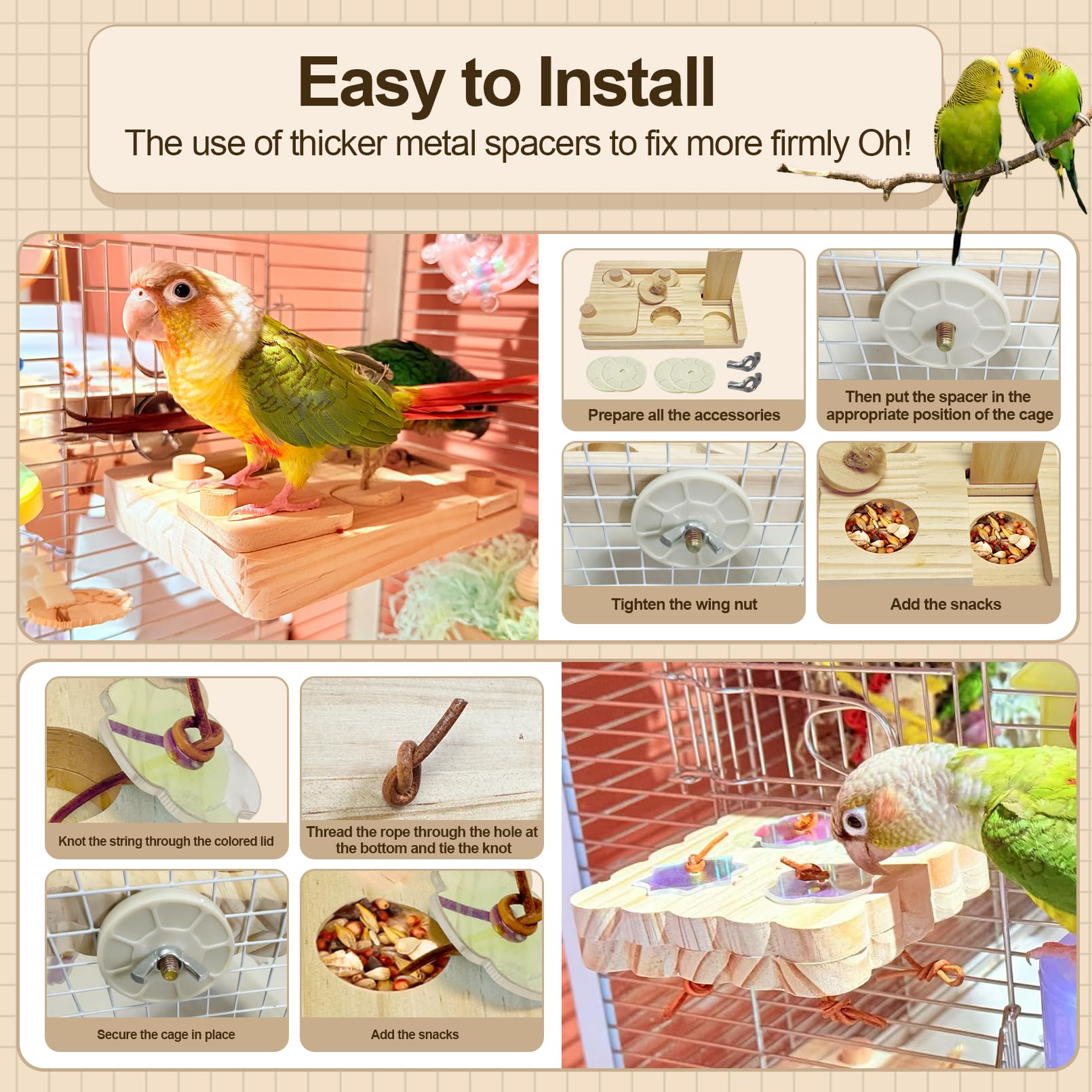 2PCS Wooden Bird Foraging Puzzle Toys Interactive Parakeet Enrichment Foraging Toy for CageBird Slow Feeder Parrot Chewing Toy for Pets, Bird Perches Stand for Sun Conure and Small Sized Birds - image 5