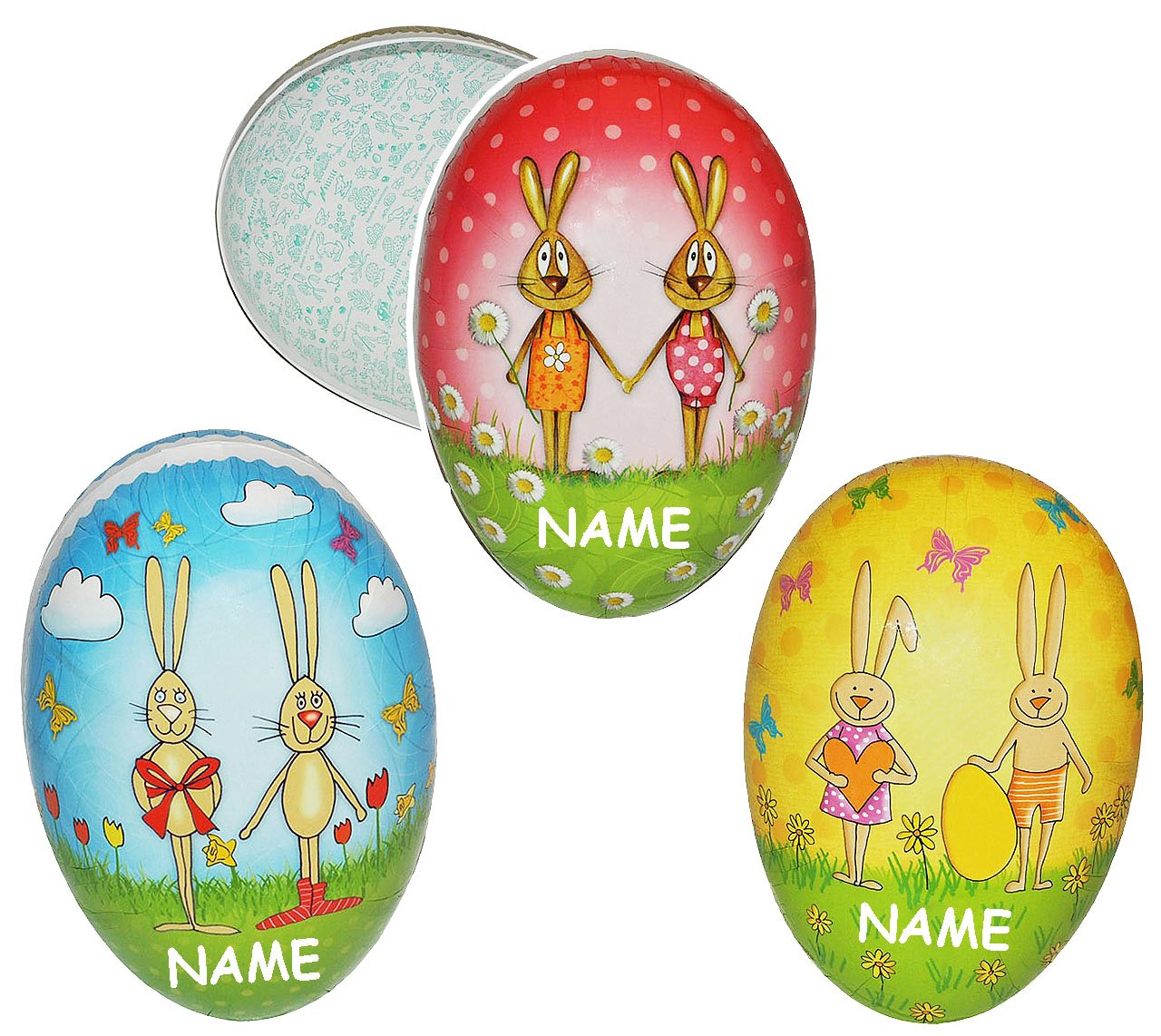 alles-meine.de GmbH Set Ostergras & 10 Füll - Pappeier 15 cm - Hasen - Comic Figuren - incl. Name - Osterei/Ei zum befüllen - Deko Pappe Papp Pappeier Dekoei Pappostereie..