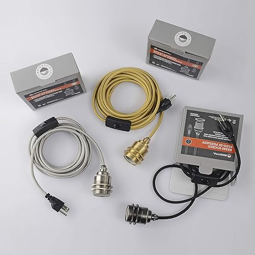 Miniatura 9 de BRIGHTTIA Lámpara colgante de níquel enchufable  Enchufe portátil listo para colgar E26 de latón roscado con cable de 15 pies e interruptor en línea