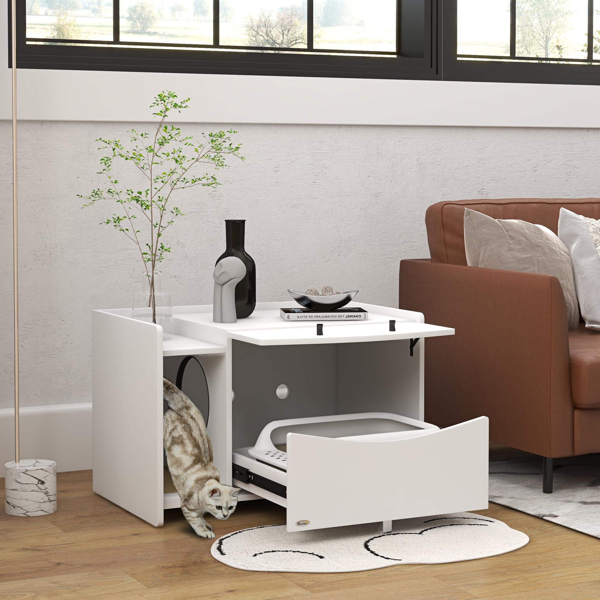 PawHut Casa da Letticcia Mobile per Gatto, Scomparto Scorrevole, 2 Fori di Ventilazione, Tappetino per Perdite di Sabbia, Bianco