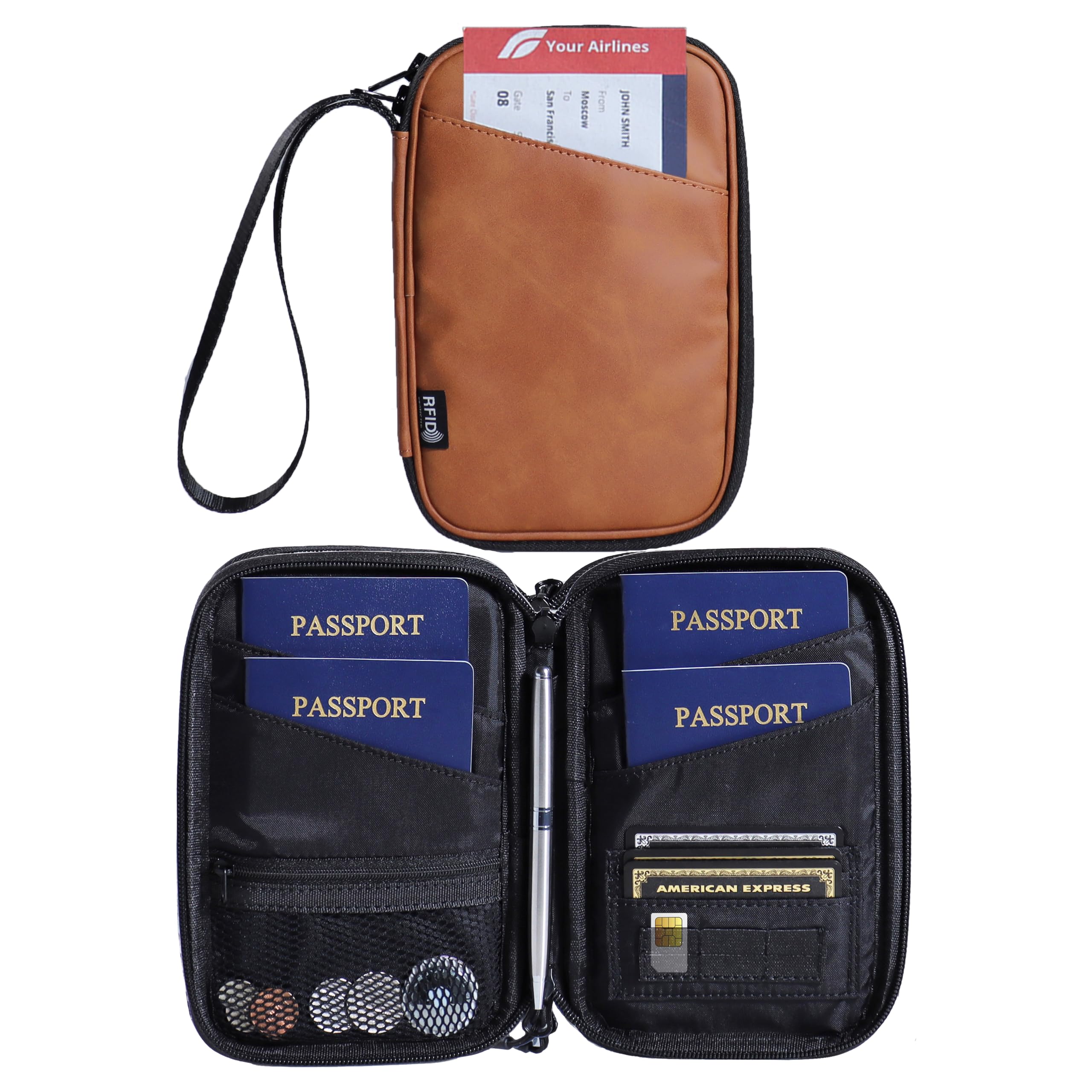 tegmnacle family passport holder for 4 multiple passport bag passport wallet for travel passport cover rfid blocking for women waterproof wallet with zipper passport case for men, brown, Simple and Generous-picture-30