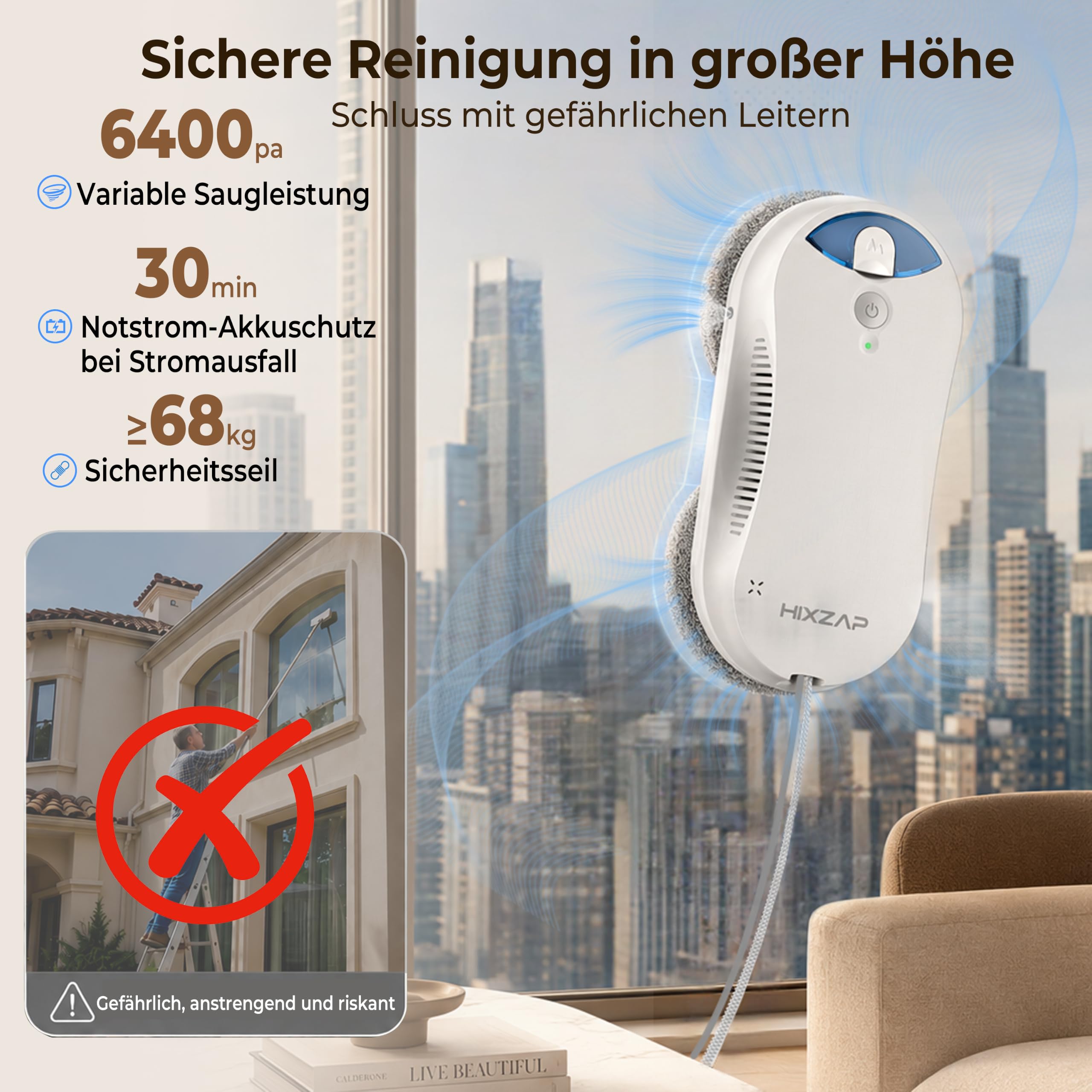 X6 Fensterputzroboter für hohe Fenster, Innen & Außen, Starke Saugkraft | 6400Pa Saugkraft, Doppelsprühfunktion, Randerkennung, intelligente Navigation, flache runde Bauform